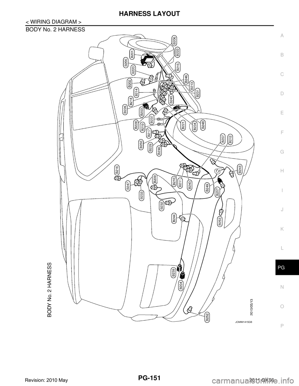 INFINITI QX56 2011  Factory Service Manual 
PG
HARNESS LAYOUTPG-151
< WIRING DIAGRAM >
C
DE
F
G H
I
J
K L
B A
O P
N
BODY No. 2 HARNESS
JCMIM1415GB
Revision: 2010 May2011 QX56  