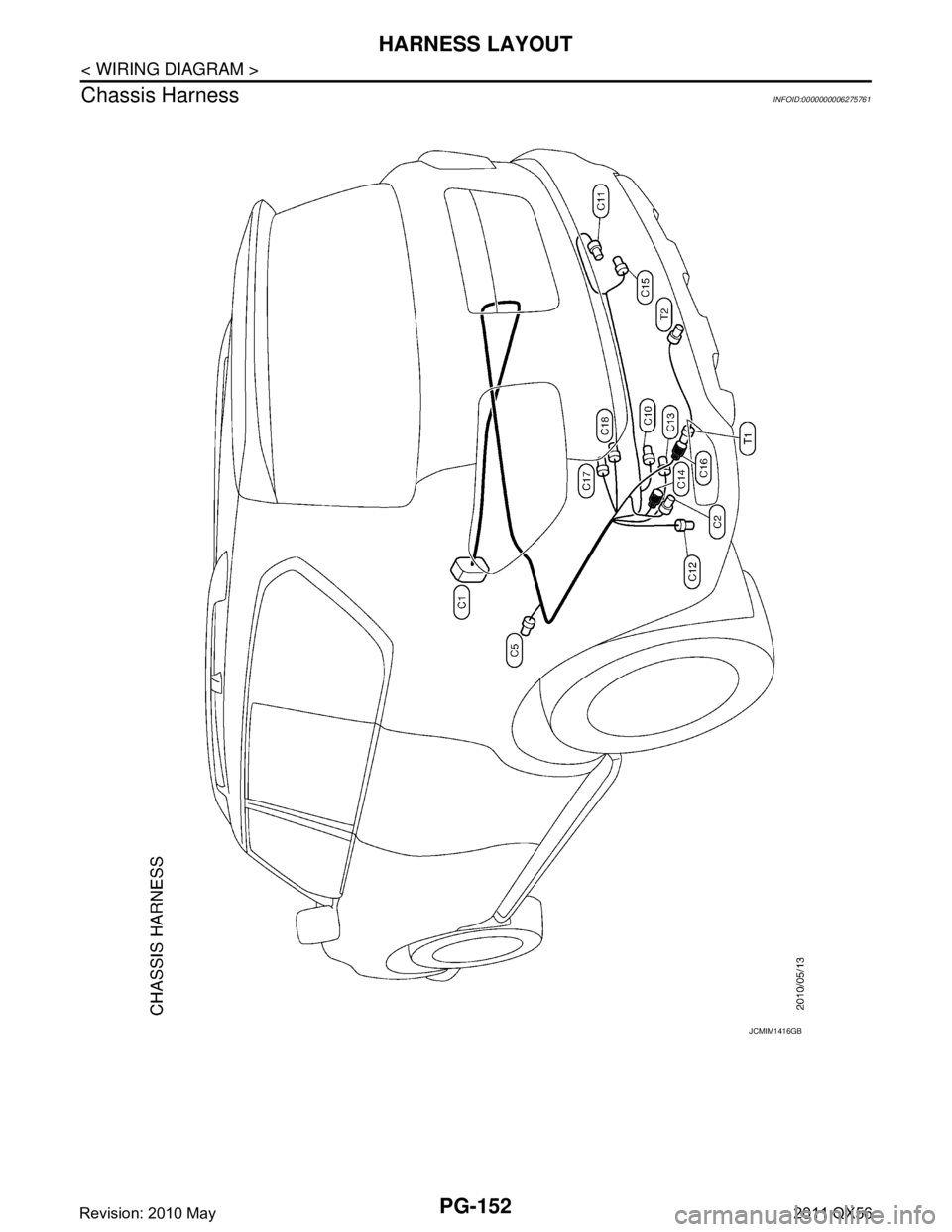 INFINITI QX56 2011  Factory Service Manual 
PG-152
< WIRING DIAGRAM >
HARNESS LAYOUT
Chassis Harness
INFOID:0000000006275761
JCMIM1416GB
Revision: 2010 May2011 QX56  