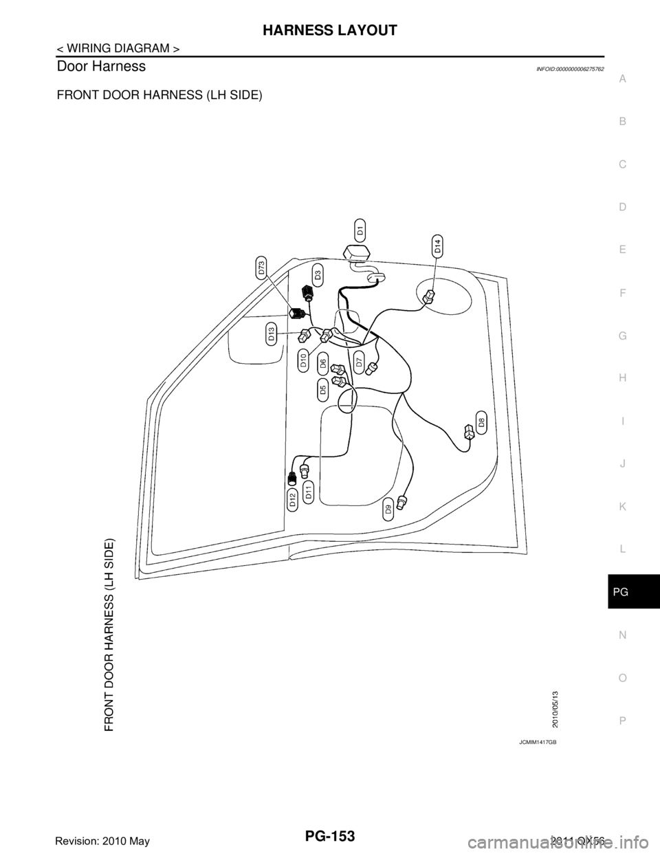 INFINITI QX56 2011  Factory Service Manual 
PG
HARNESS LAYOUTPG-153
< WIRING DIAGRAM >
C
DE
F
G H
I
J
K L
B A
O P
N
Door HarnessINFOID:0000000006275762
FRONT DOOR HARNESS (LH SIDE)
JCMIM1417GB
Revision: 2010 May2011 QX56  