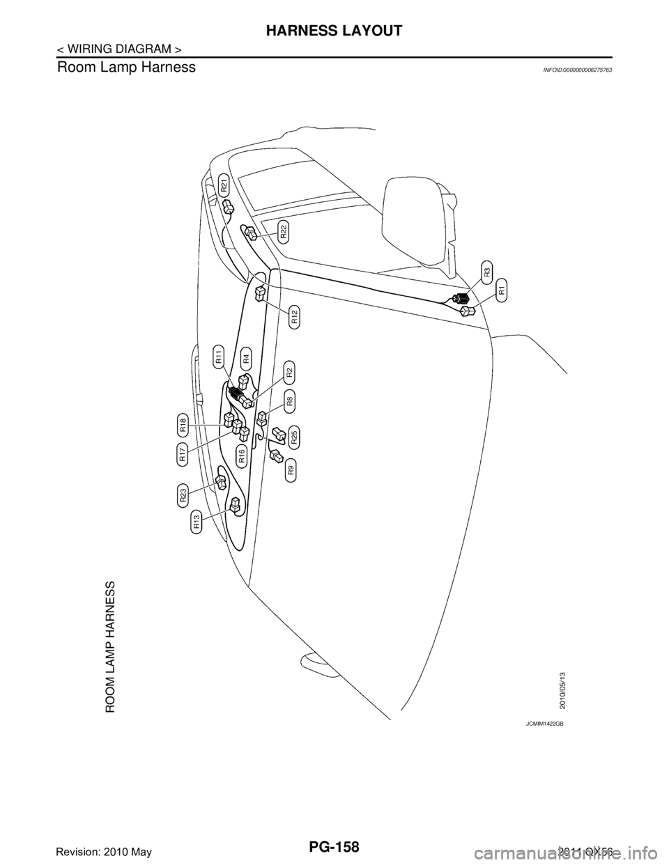 INFINITI QX56 2011  Factory Service Manual 
PG-158
< WIRING DIAGRAM >
HARNESS LAYOUT
Room Lamp Harness
INFOID:0000000006275763
JCMIM1422GB
Revision: 2010 May2011 QX56  