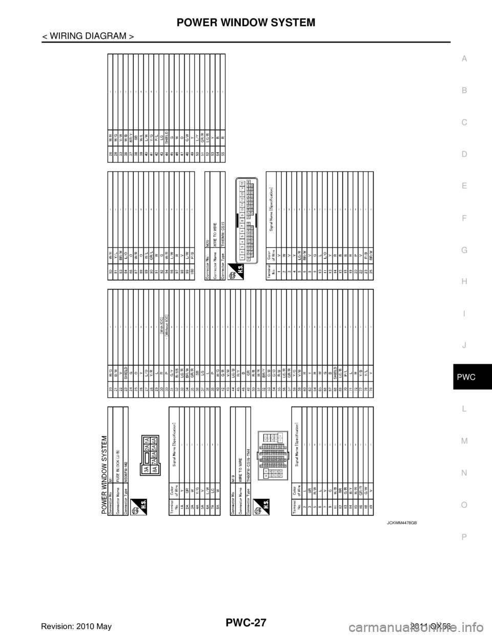 INFINITI QX56 2011  Factory Service Manual 
POWER WINDOW SYSTEMPWC-27
< WIRING DIAGRAM >
C
DE
F
G H
I
J
L
M A
B
PWC
N
O P
JCKWM4478GB
Revision: 2010 May2011 QX56  