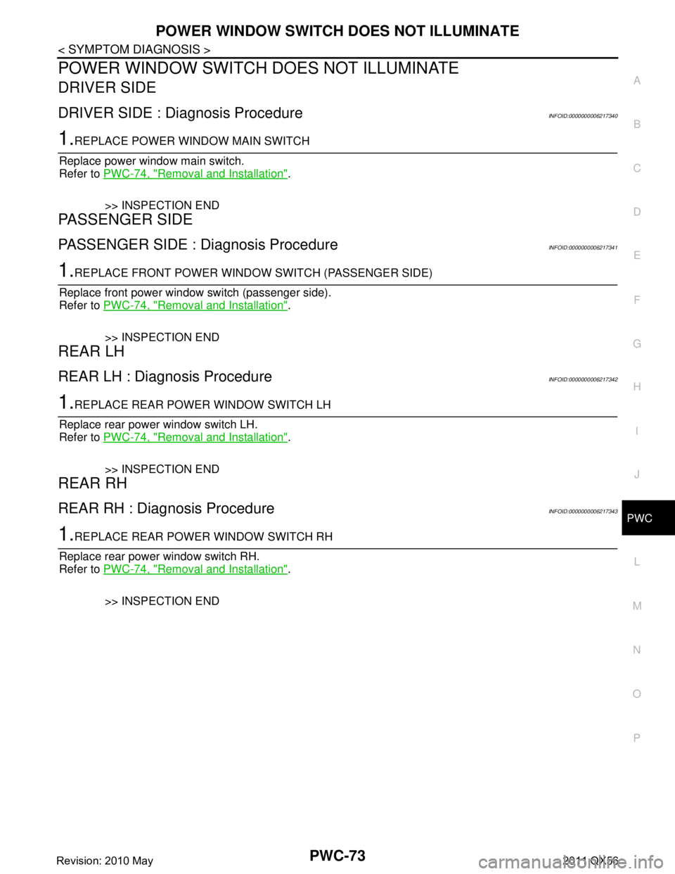 INFINITI QX56 2011 Factory Service Manual
POWER WINDOW SWITCH DOES NOT ILLUMINATE
PWC-73
< SYMPTOM DIAGNOSIS >
C
D E
F
G H
I
J
L
M A
B
PWC
N
O P
POWER WINDOW SWITCH DOES NOT ILLUMINATE
DRIVER SIDE
DRIVER SIDE : Diag nosis ProcedureINFOID:000 INFINITI QX56 2011 Factory Service Manual
POWER WINDOW SWITCH DOES NOT ILLUMINATE
PWC-73
< SYMPTOM DIAGNOSIS >
C
D E
F
G H
I
J
L
M A
B
PWC
N
O P
POWER WINDOW SWITCH DOES NOT ILLUMINATE
DRIVER SIDE
DRIVER SIDE : Diag nosis ProcedureINFOID:000
