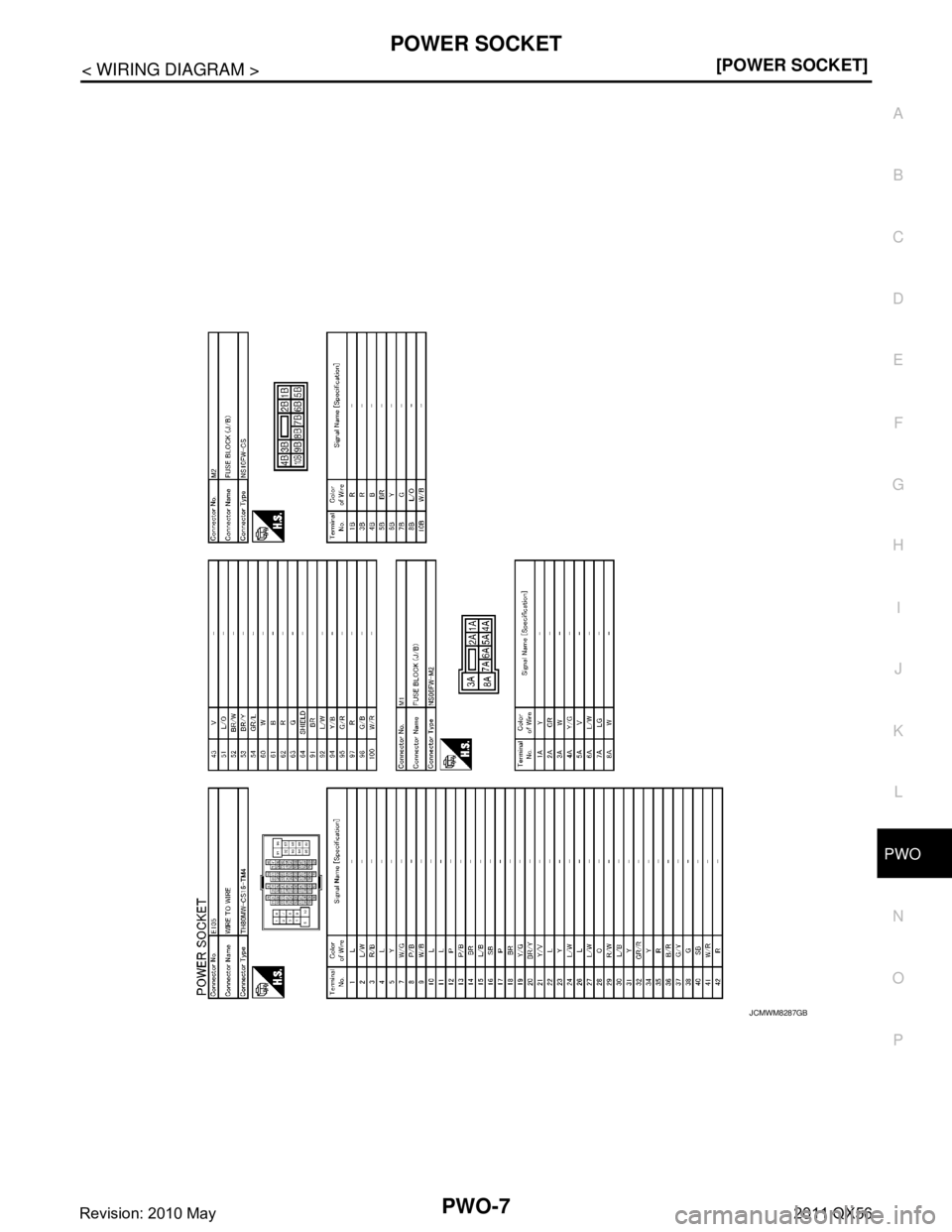 INFINITI QX56 2011  Factory Service Manual 
PWO
POWER SOCKETPWO-7
< WIRING DIAGRAM > [POWER SOCKET]
C
D
E
F
G H
I
J
K L
B A
O P
N
JCMWM8287GB
Revision: 2010 May2011 QX56  