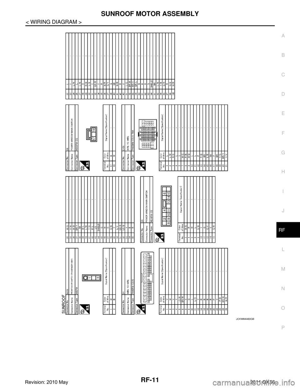 INFINITI QX56 2011  Factory Service Manual 
SUNROOF MOTOR ASSEMBLYRF-11
< WIRING DIAGRAM >
C
DE
F
G H
I
J
L
M A
B
RF
N
O P
JCKWM4483GB
Revision: 2010 May2011 QX56  