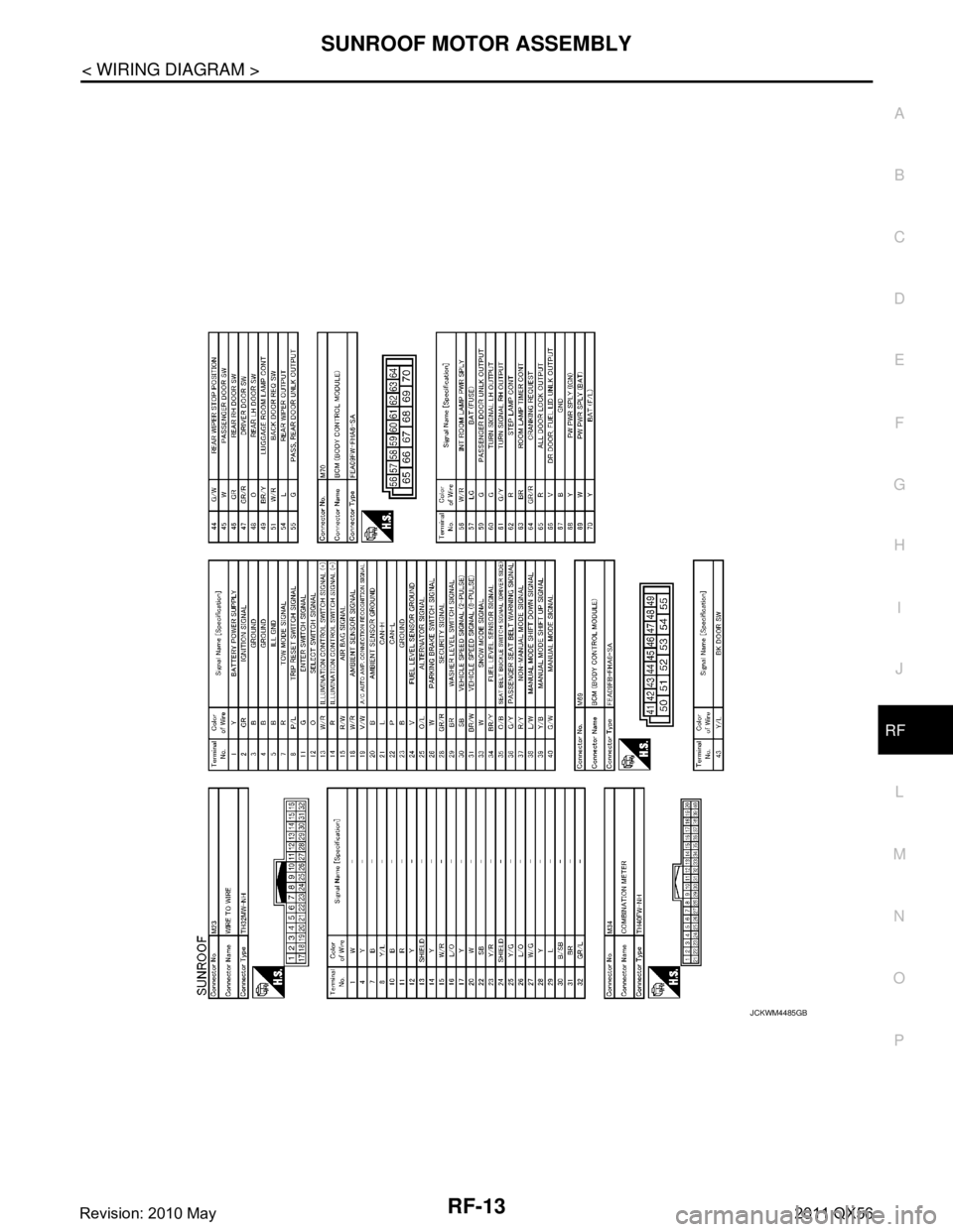 INFINITI QX56 2011  Factory Service Manual 
SUNROOF MOTOR ASSEMBLYRF-13
< WIRING DIAGRAM >
C
DE
F
G H
I
J
L
M A
B
RF
N
O P
JCKWM4485GB
Revision: 2010 May2011 QX56  