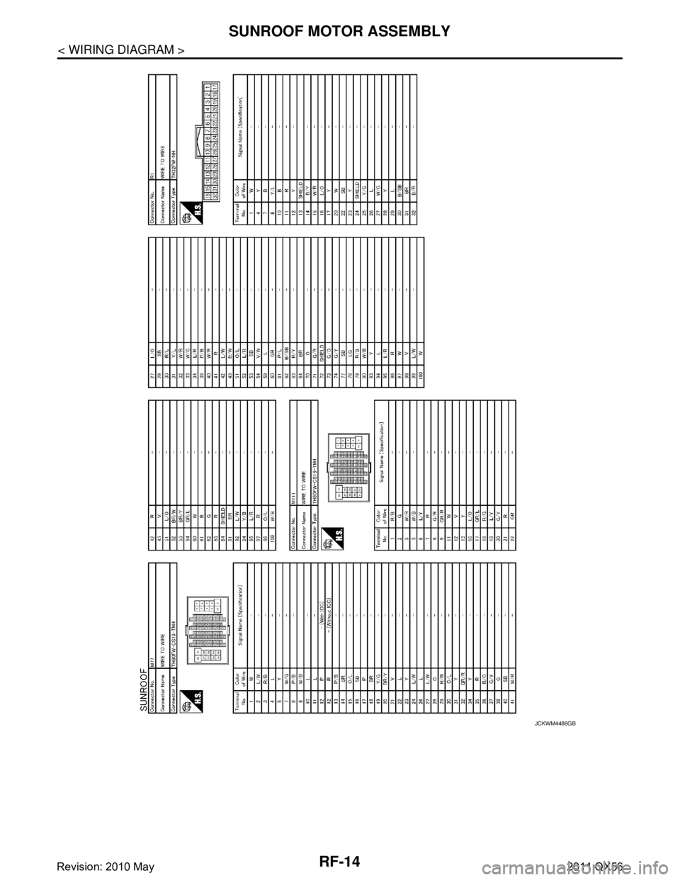 INFINITI QX56 2011  Factory Service Manual 
RF-14
< WIRING DIAGRAM >
SUNROOF MOTOR ASSEMBLY
JCKWM4486GB
Revision: 2010 May2011 QX56  