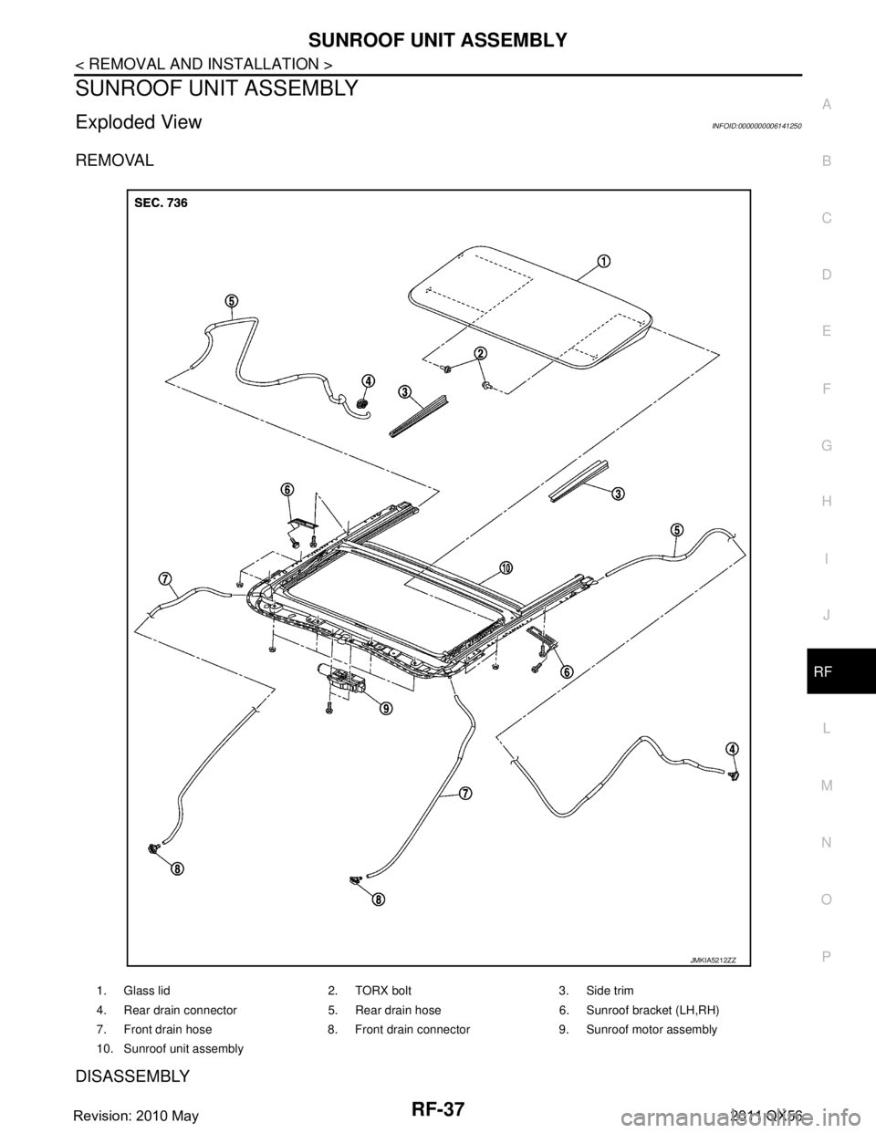 INFINITI QX56 2011  Factory Service Manual 
SUNROOF UNIT ASSEMBLYRF-37
< REMOVAL AND INSTALLATION >
C
DE
F
G H
I
J
L
M A
B
RF
N
O P
SUNROOF UNIT ASSEMBLY
Exploded ViewINFOID:0000000006141250
REMOVAL
DISASSEMBLY
1. Glass lid 2. TORX bolt 3. Sid