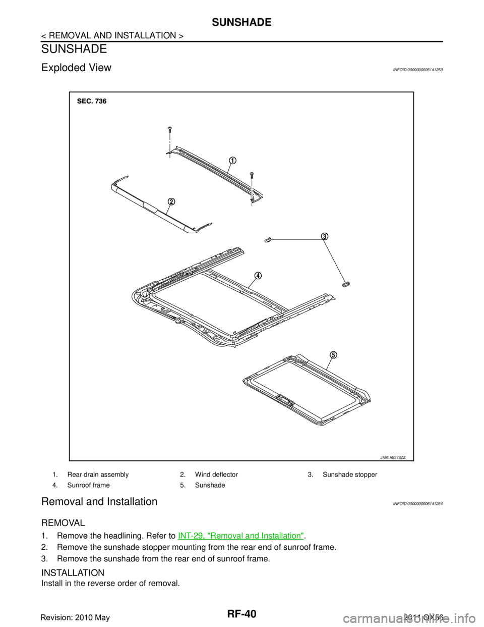 INFINITI QX56 2011  Factory Service Manual 
RF-40
< REMOVAL AND INSTALLATION >
SUNSHADE
SUNSHADE
Exploded ViewINFOID:0000000006141253
Removal and InstallationINFOID:0000000006141254
REMOVAL
1. Remove the headlining. Refer to INT-29, "Removal a