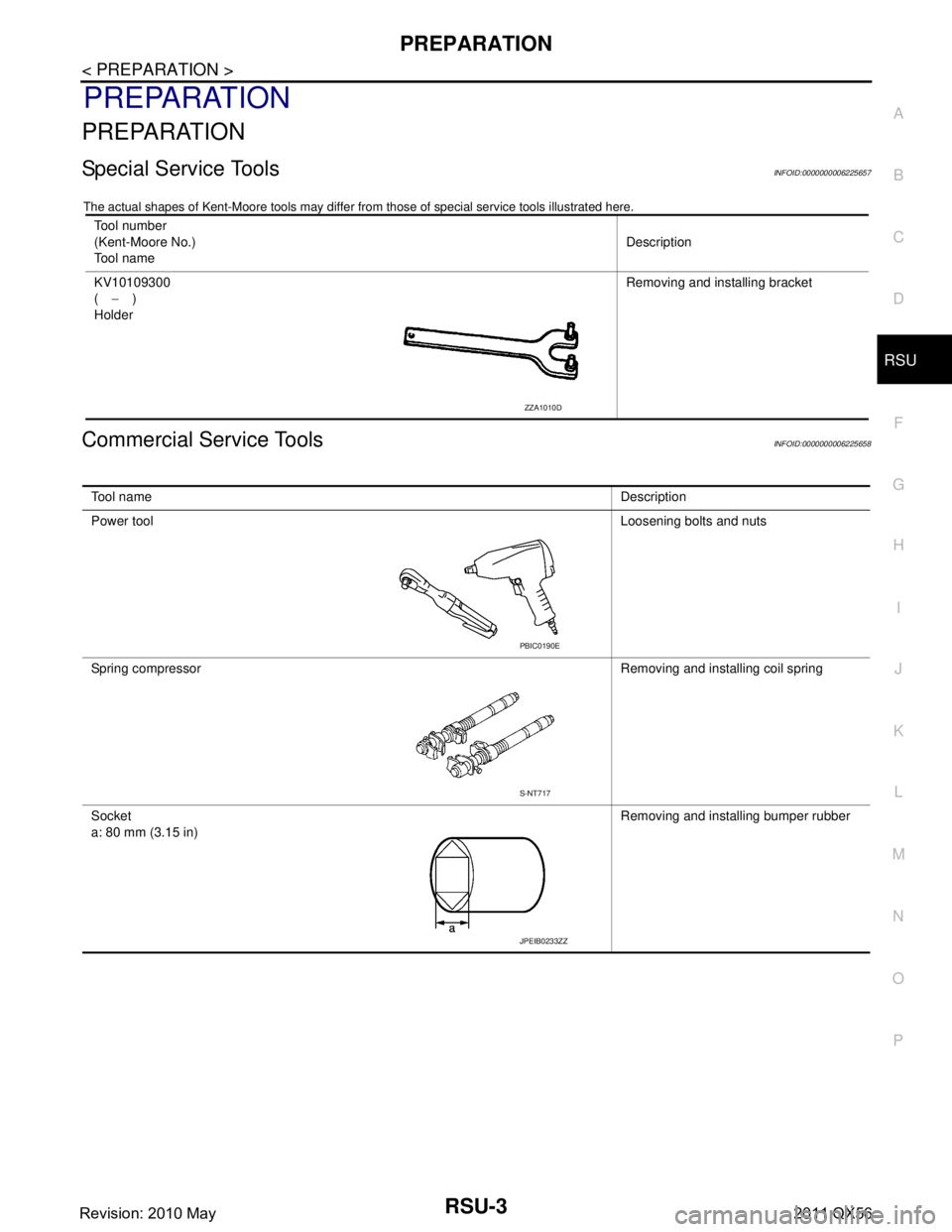 INFINITI QX56 2011  Factory Service Manual 
PREPARATIONRSU-3
< PREPARATION >
C
DF
G H
I
J
K L
M A
B
RSU
N
O P
PREPARATION
PREPARATION
Special Service ToolsINFOID:0000000006225657
The actual shapes of Kent-Moore t ools may differ from those of 