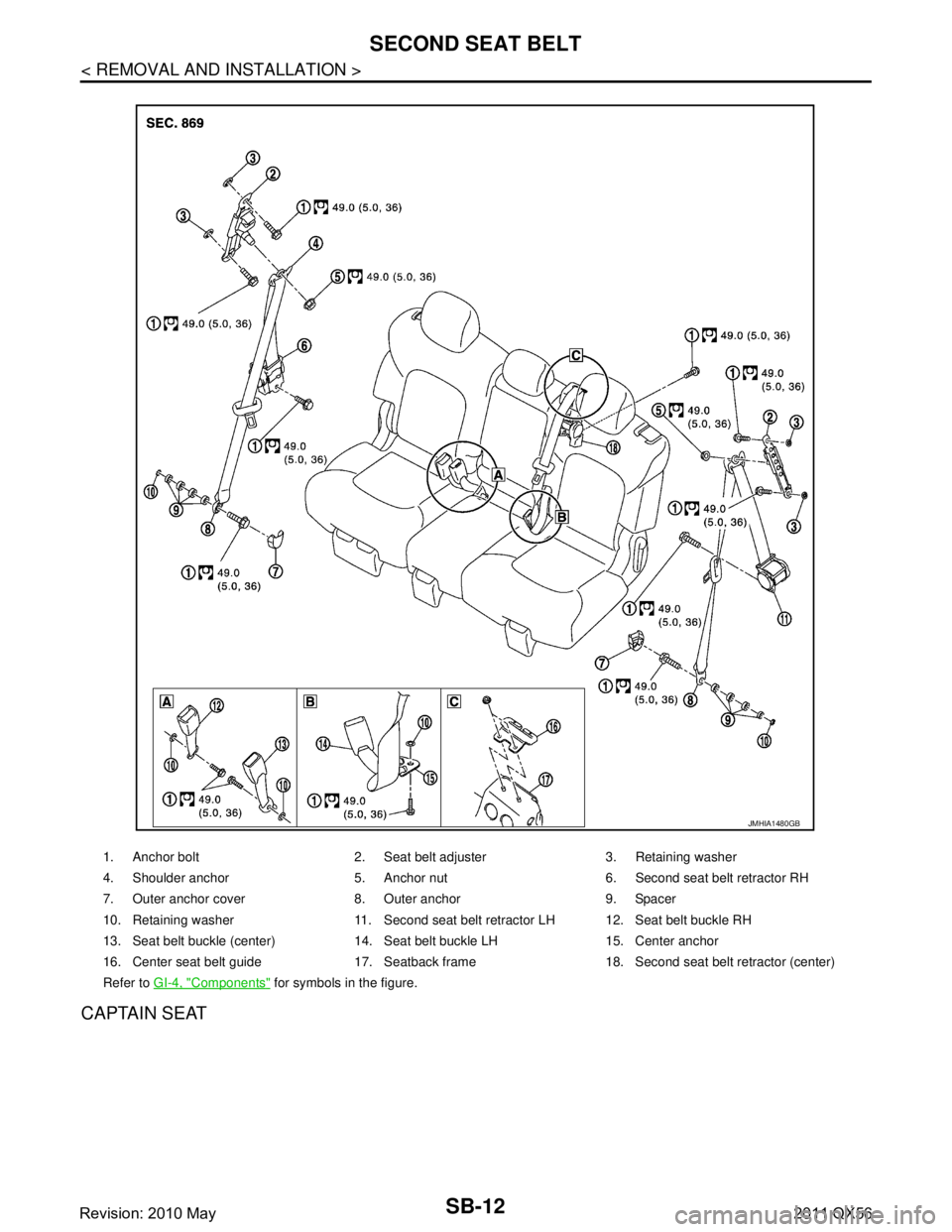 INFINITI QX56 2011  Factory Service Manual 
SB-12
< REMOVAL AND INSTALLATION >
SECOND SEAT BELT
CAPTAIN SEAT
1. Anchor bolt 2. Seat belt adjuster 3. Retaining washer
4. Shoulder anchor 5. Anchor nut 6. Second seat belt retractor RH
7. Outer an