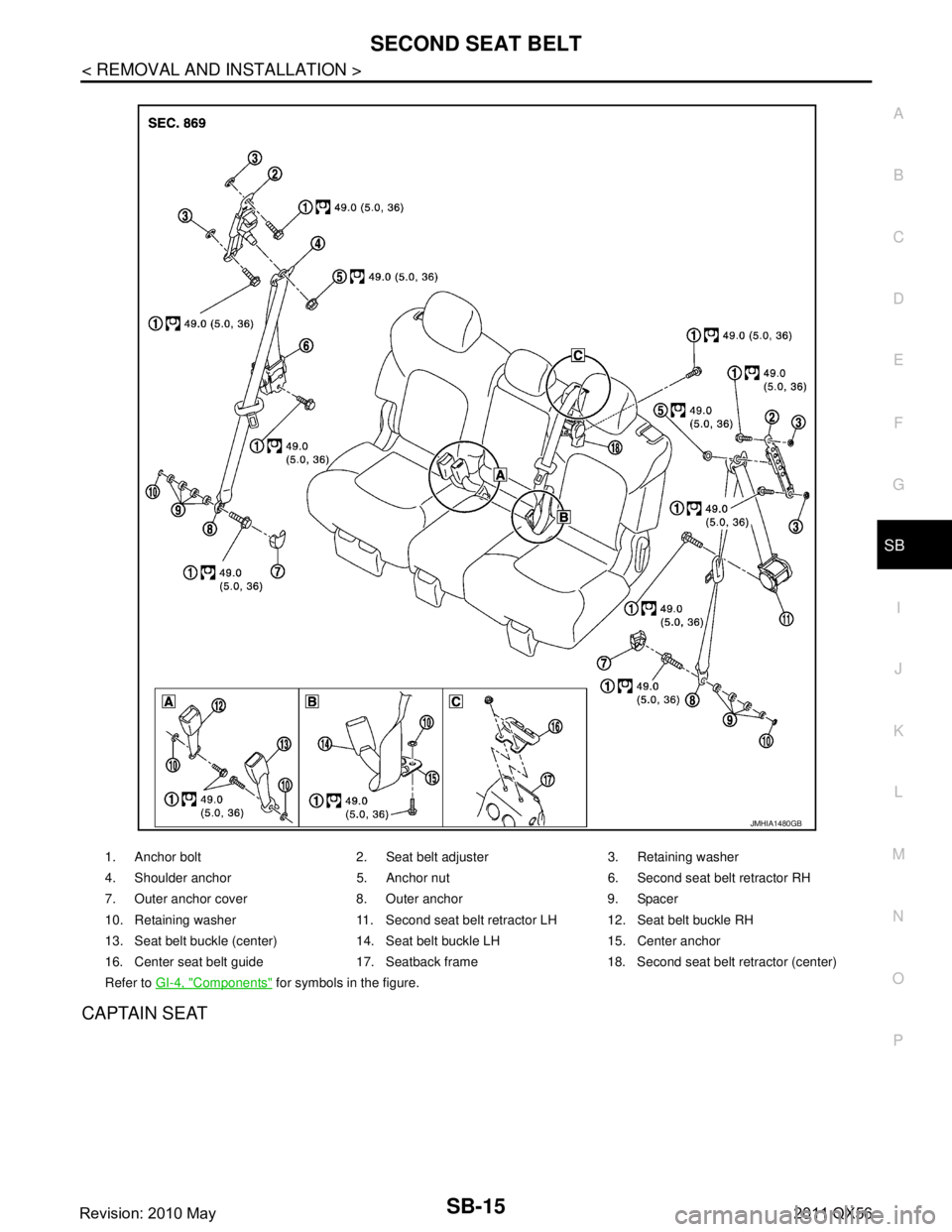 INFINITI QX56 2011  Factory Service Manual 
SECOND SEAT BELTSB-15
< REMOVAL AND INSTALLATION >
C
DE
F
G
I
J
K L
M A
B
SB
N
O P
CAPTAIN SEAT
1. Anchor bolt 2. Seat belt adjuster 3. Retaining washer
4. Shoulder anchor 5. Anchor nut 6. Second sea