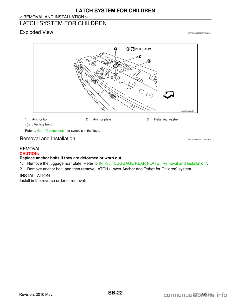 INFINITI QX56 2011  Factory Service Manual 
SB-22
< REMOVAL AND INSTALLATION >
LATCH SYSTEM FOR CHILDREN
LATCH SYSTEM FOR CHILDREN
Exploded ViewINFOID:0000000006217633
Removal and InstallationINFOID:0000000006217634
REMOVAL
CAUTION:
Replace an