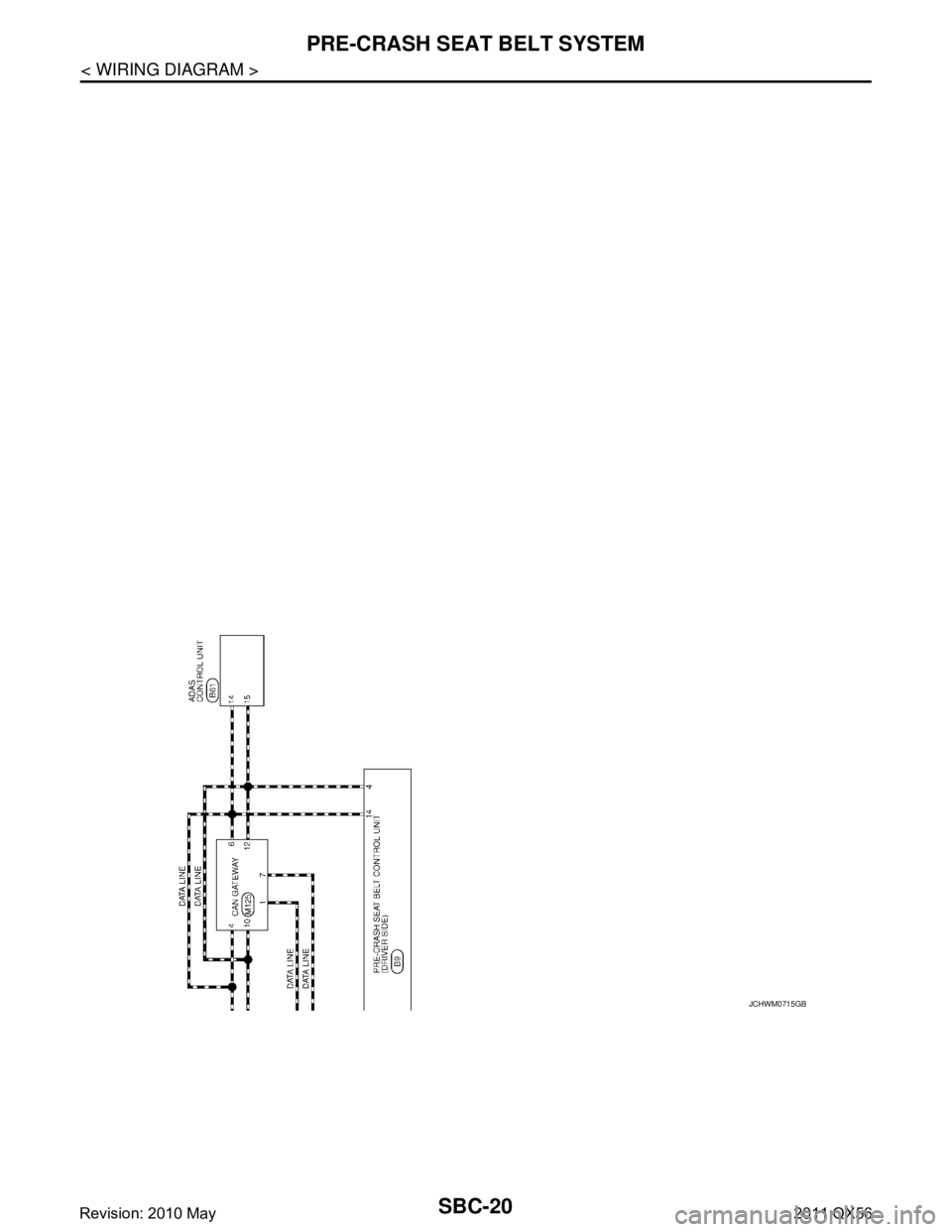 INFINITI QX56 2011  Factory Service Manual 
SBC-20
< WIRING DIAGRAM >
PRE-CRASH SEAT BELT SYSTEM
JCHWM0715GB
Revision: 2010 May2011 QX56  
