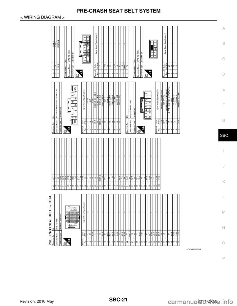 INFINITI QX56 2011  Factory Service Manual 
PRE-CRASH SEAT BELT SYSTEMSBC-21
< WIRING DIAGRAM >
C
DE
F
G
I
J
K L
M A
B
SBC
N
O P
JCHWM0716GB
Revision: 2010 May2011 QX56  