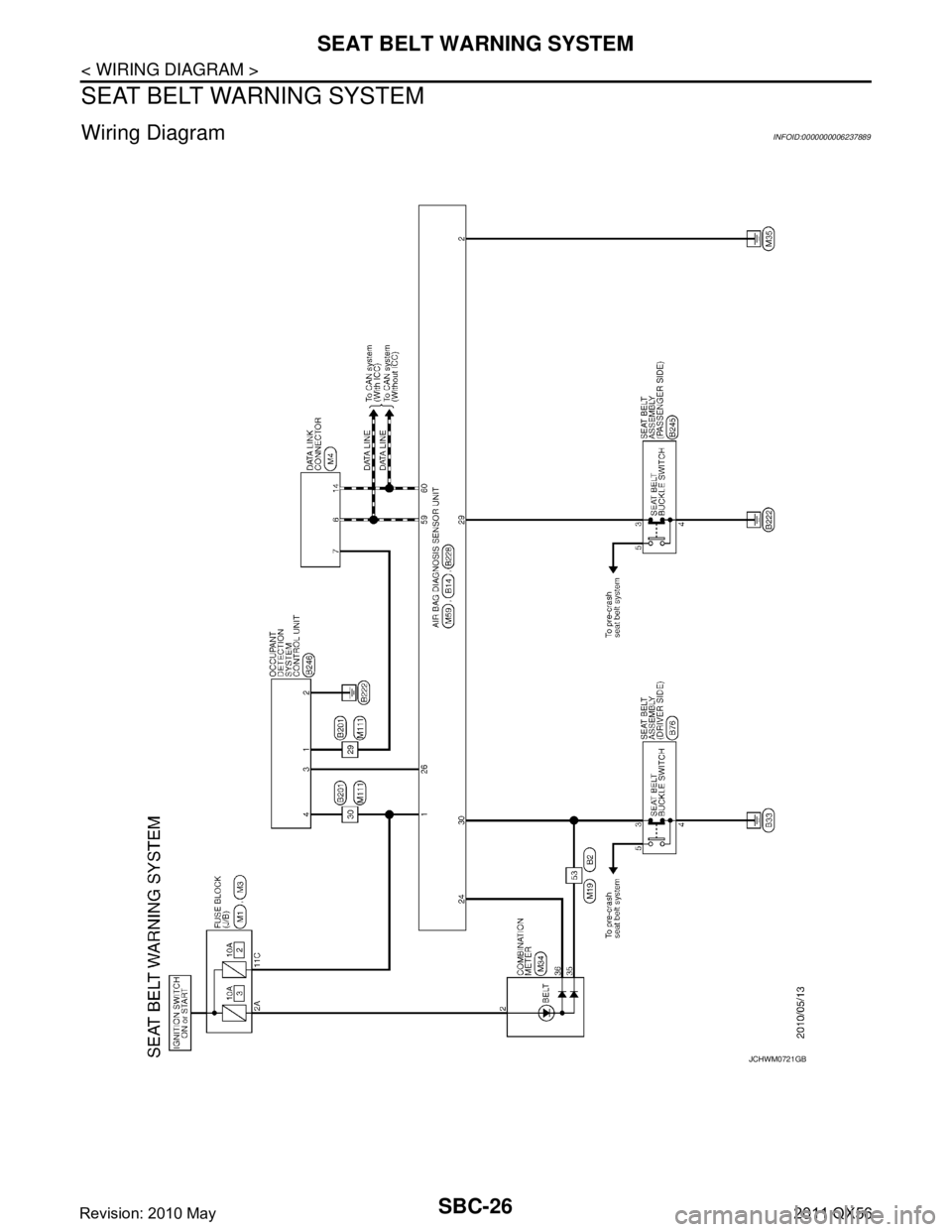 INFINITI QX56 2011  Factory Service Manual 
SBC-26
< WIRING DIAGRAM >
SEAT BELT WARNING SYSTEM
SEAT BELT WARNING SYSTEM
Wiring DiagramINFOID:0000000006237889
JCHWM0721GB
Revision: 2010 May2011 QX56  