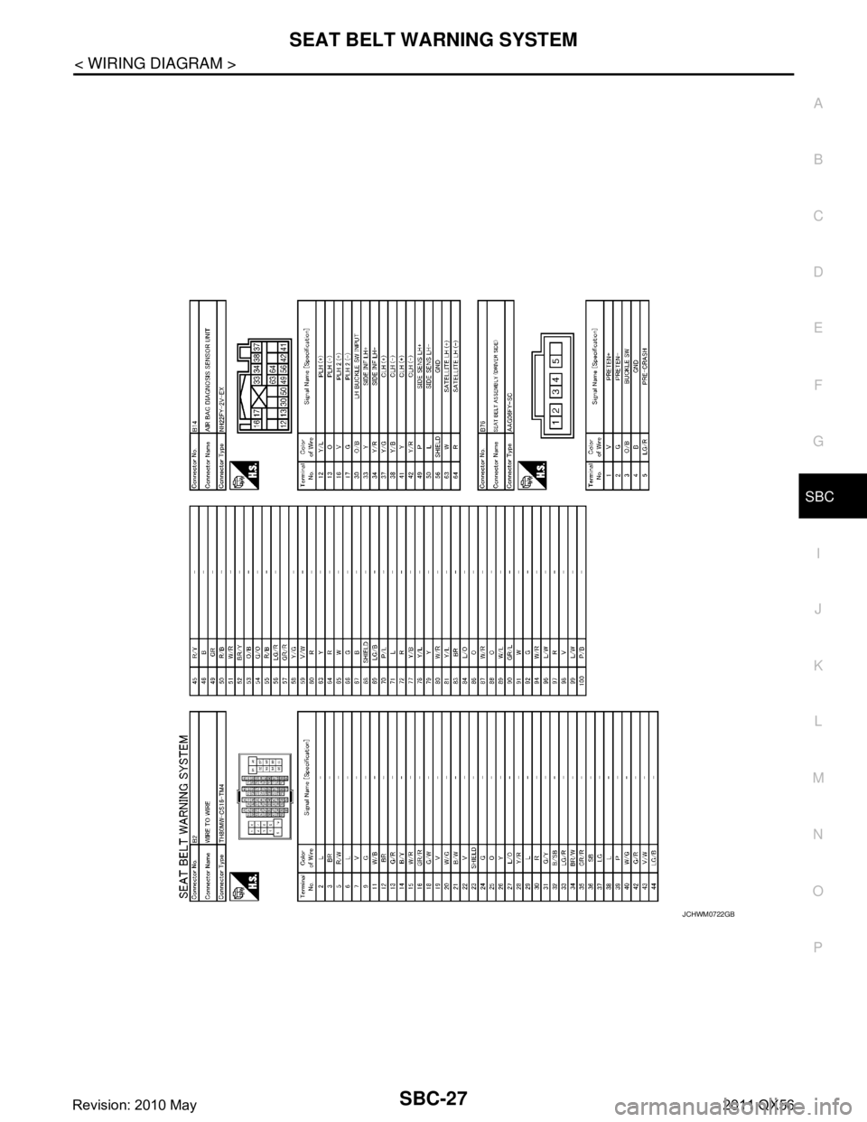INFINITI QX56 2011  Factory Service Manual 
SEAT BELT WARNING SYSTEMSBC-27
< WIRING DIAGRAM >
C
DE
F
G
I
J
K L
M A
B
SBC
N
O P
JCHWM0722GB
Revision: 2010 May2011 QX56  