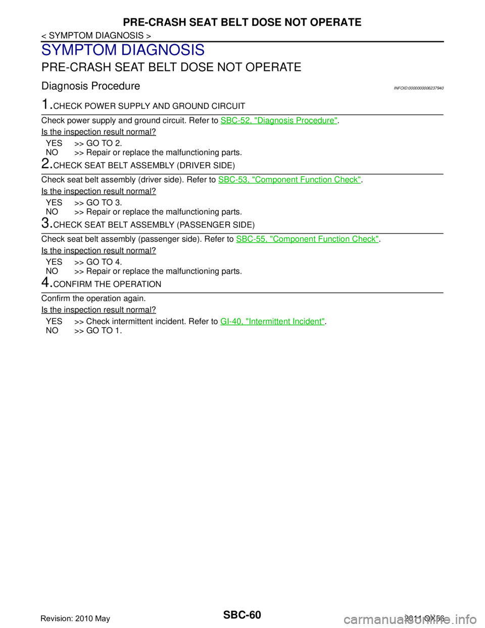 INFINITI QX56 2011 Factory Service Manual
SBC-60
< SYMPTOM DIAGNOSIS >
PRE-CRASH SEAT BELT DOSE NOT OPERATE
SYMPTOM DIAGNOSIS
PRE-CRASH SEAT BELT DOSE NOT OPERATE
Diagnosis ProcedureINFOID:0000000006237940
1.CHECK POWER SUPPLY AND GROUND CIR INFINITI QX56 2011 Factory Service Manual
SBC-60
< SYMPTOM DIAGNOSIS >
PRE-CRASH SEAT BELT DOSE NOT OPERATE
SYMPTOM DIAGNOSIS
PRE-CRASH SEAT BELT DOSE NOT OPERATE
Diagnosis ProcedureINFOID:0000000006237940
1.CHECK POWER SUPPLY AND GROUND CIR