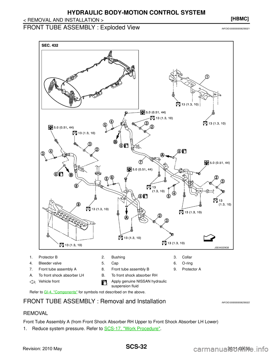 INFINITI QX56 2011  Factory Service Manual 
SCS-32
< REMOVAL AND INSTALLATION >[HBMC]
HYDRAULIC BODY-MOTION CONTROL SYSTEM
FRONT TUBE ASSEMBLY : Exploded View
INFOID:0000000006256021
FRONT TUBE ASSEMBLY : Removal and InstallationINFOID:0000000