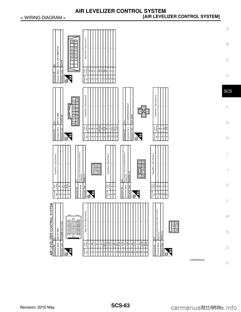 INFINITI QX56 2011  Factory Service Manual 
AIR LEVELIZER CONTROL SYSTEMSCS-63
< WIRING DIAGRAM > [AIR LEVELIZER CONTROL SYSTEM]
C
D
F
G H
I
J
K L
M A
B
SCS
N
O P
JCEWM0222GB
Revision: 2010 May2011 QX56  