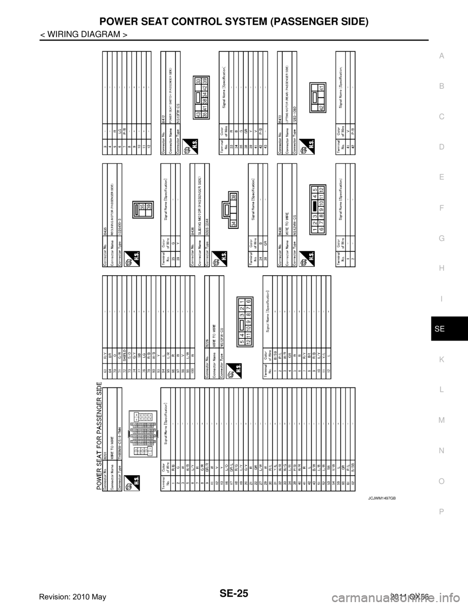 INFINITI QX56 2011  Factory Service Manual 
POWER SEAT CONTROL SYSTEM (PASSENGER SIDE)
SE-25
< WIRING DIAGRAM >
C
D E
F
G H
I
K L
M A
B
SE
N
O P
JCJWM1497GB
Revision: 2010 May2011 QX56  