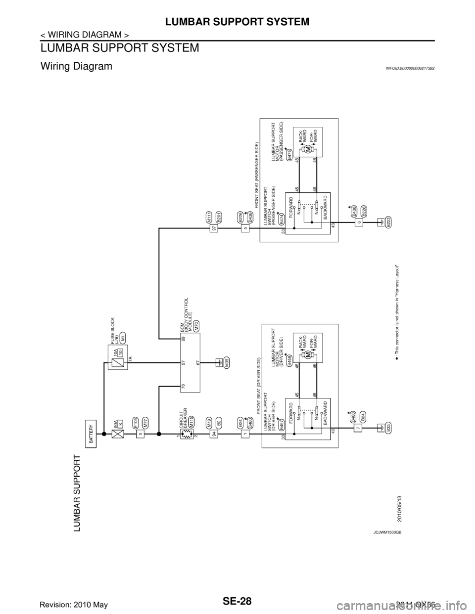 INFINITI QX56 2011  Factory Service Manual 
SE-28
< WIRING DIAGRAM >
LUMBAR SUPPORT SYSTEM
LUMBAR SUPPORT SYSTEM
Wiring DiagramINFOID:0000000006217382
JCJWM1500GB
Revision: 2010 May2011 QX56  