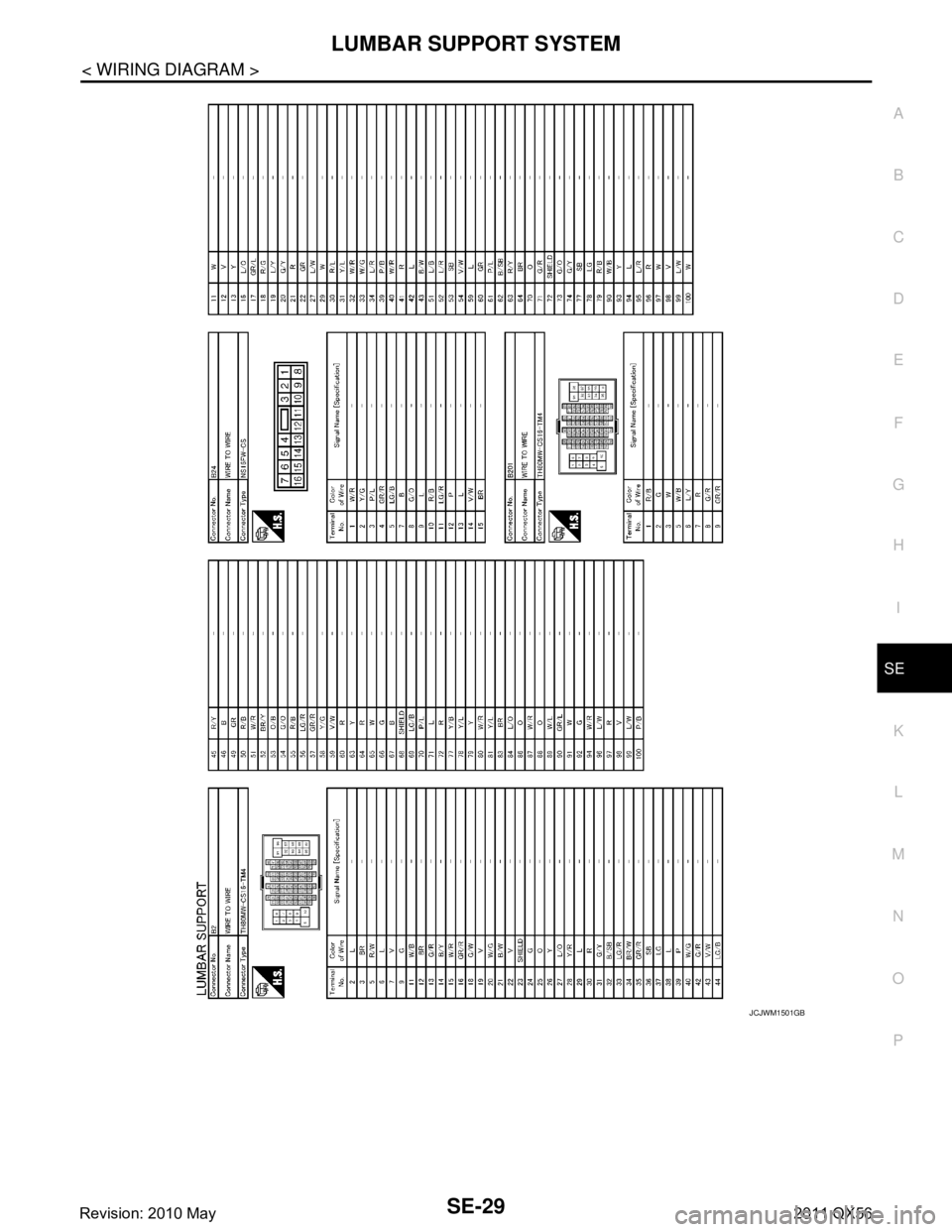 INFINITI QX56 2011  Factory Service Manual 
LUMBAR SUPPORT SYSTEMSE-29
< WIRING DIAGRAM >
C
DE
F
G H
I
K L
M A
B
SE
N
O P
JCJWM1501GB
Revision: 2010 May2011 QX56  