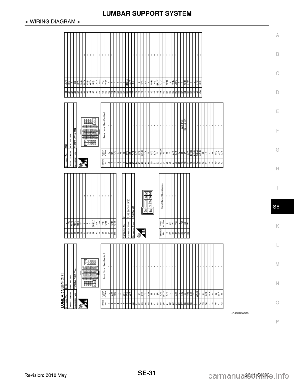 INFINITI QX56 2011  Factory Service Manual 
LUMBAR SUPPORT SYSTEMSE-31
< WIRING DIAGRAM >
C
DE
F
G H
I
K L
M A
B
SE
N
O P
JCJWM1503GB
Revision: 2010 May2011 QX56  