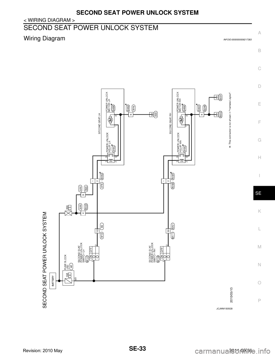 INFINITI QX56 2011  Factory Service Manual 
SECOND SEAT POWER UNLOCK SYSTEMSE-33
< WIRING DIAGRAM >
C
DE
F
G H
I
K L
M A
B
SE
N
O P
SECOND SEAT POWER UNLOCK SYSTEM
Wiring DiagramINFOID:0000000006217383
JCJWM1505GB
Revision: 2010 May2011 QX56  