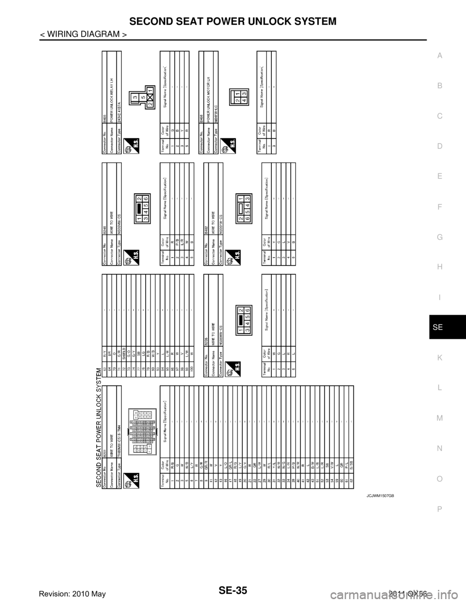 INFINITI QX56 2011  Factory Service Manual 
SECOND SEAT POWER UNLOCK SYSTEMSE-35
< WIRING DIAGRAM >
C
DE
F
G H
I
K L
M A
B
SE
N
O P
JCJWM1507GB
Revision: 2010 May2011 QX56  