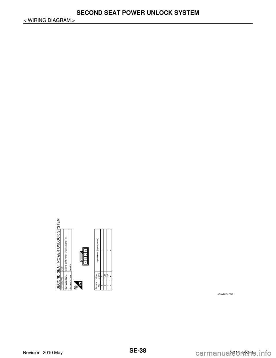 INFINITI QX56 2011  Factory Service Manual 
SE-38
< WIRING DIAGRAM >
SECOND SEAT POWER UNLOCK SYSTEM
JCJWM1510GB
Revision: 2010 May2011 QX56  