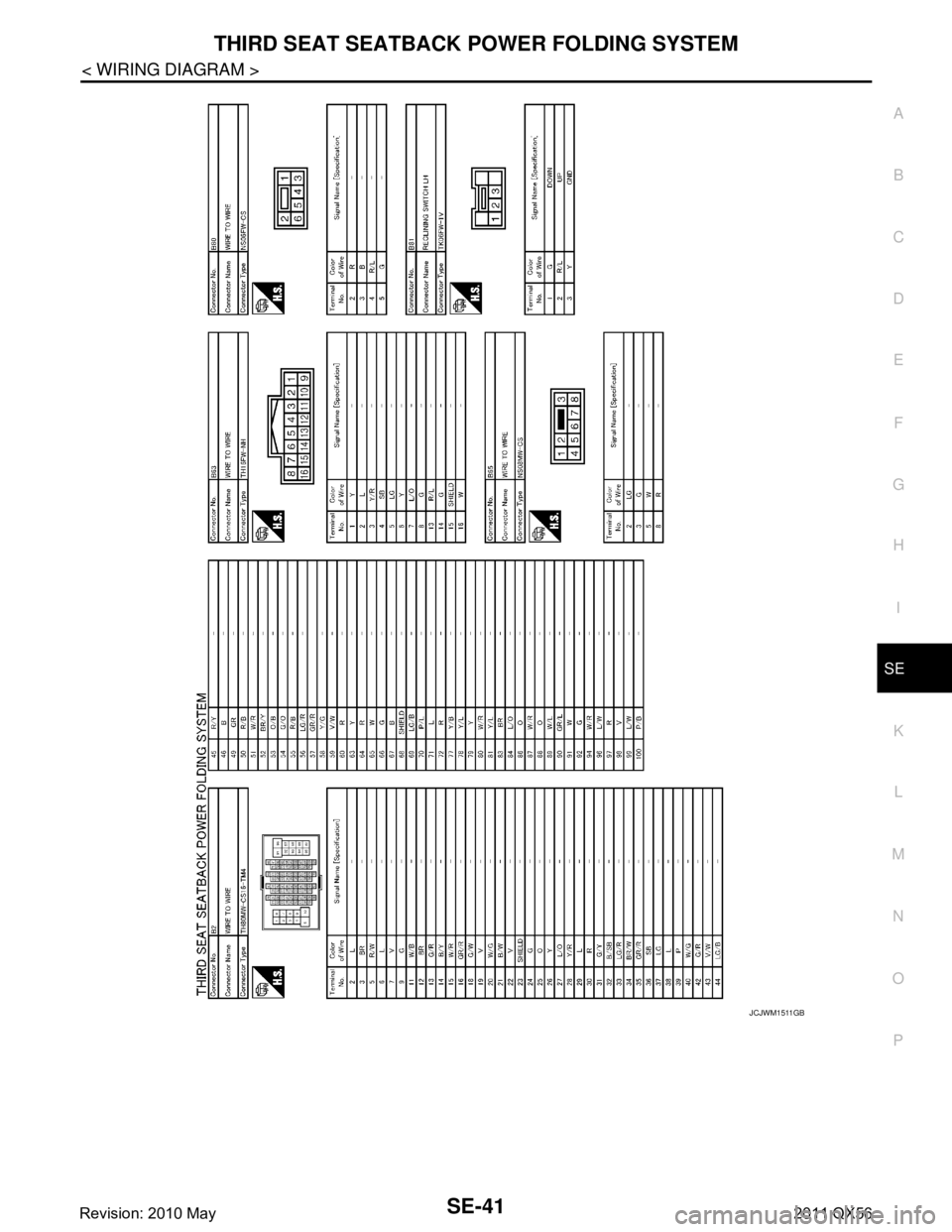 INFINITI QX56 2011  Factory Service Manual 
THIRD SEAT SEATBACK POWER FOLDING SYSTEMSE-41
< WIRING DIAGRAM >
C
DE
F
G H
I
K L
M A
B
SE
N
O P
JCJWM1511GB
Revision: 2010 May2011 QX56  