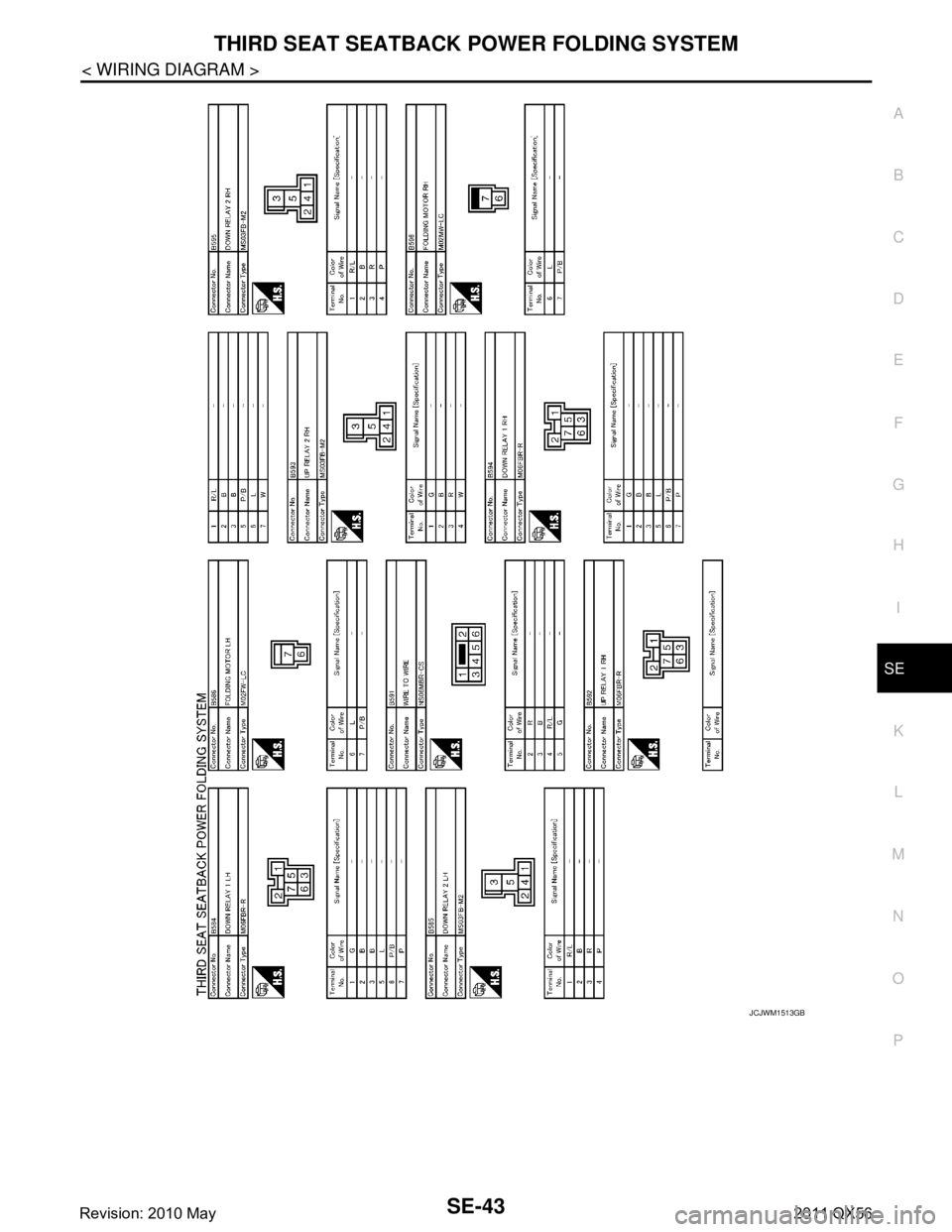 INFINITI QX56 2011  Factory Service Manual 
THIRD SEAT SEATBACK POWER FOLDING SYSTEMSE-43
< WIRING DIAGRAM >
C
DE
F
G H
I
K L
M A
B
SE
N
O P
JCJWM1513GB
Revision: 2010 May2011 QX56  