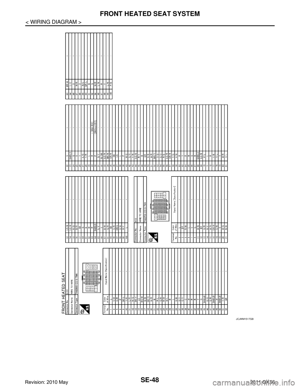 INFINITI QX56 2011  Factory Service Manual 
SE-48
< WIRING DIAGRAM >
FRONT HEATED SEAT SYSTEM
JCJWM1517GB
Revision: 2010 May2011 QX56  