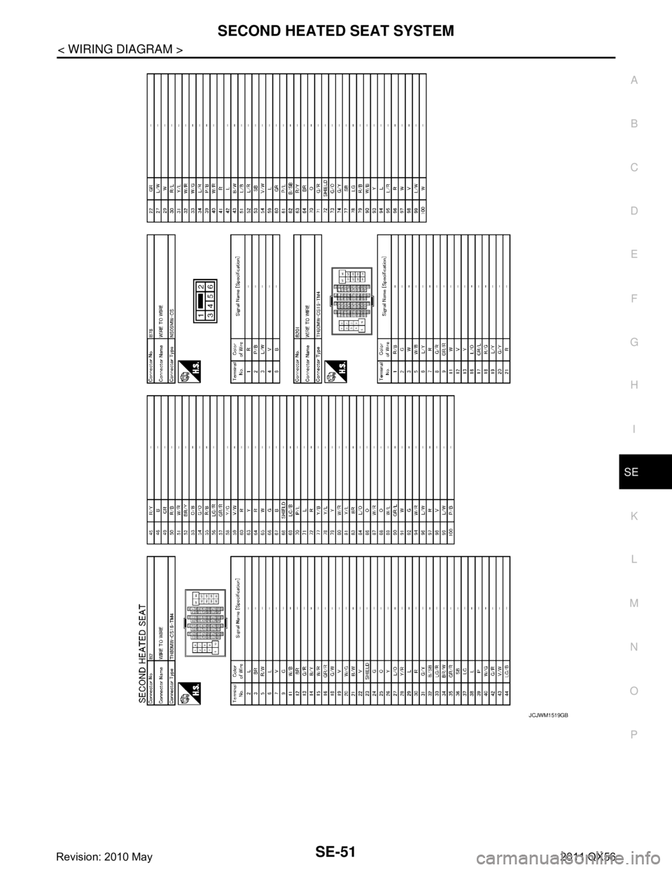 INFINITI QX56 2011  Factory Service Manual 
SECOND HEATED SEAT SYSTEMSE-51
< WIRING DIAGRAM >
C
DE
F
G H
I
K L
M A
B
SE
N
O P
JCJWM1519GB
Revision: 2010 May2011 QX56  