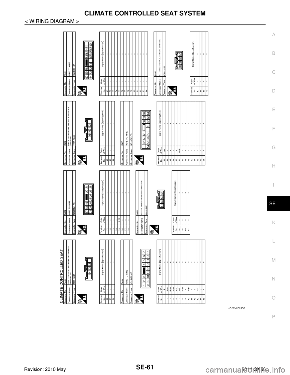 INFINITI QX56 2011  Factory Service Manual 
CLIMATE CONTROLLED SEAT SYSTEM
SE-61
< WIRING DIAGRAM >
C
D E
F
G H
I
K L
M A
B
SE
N
O P
JCJWM1525GB
Revision: 2010 May2011 QX56  