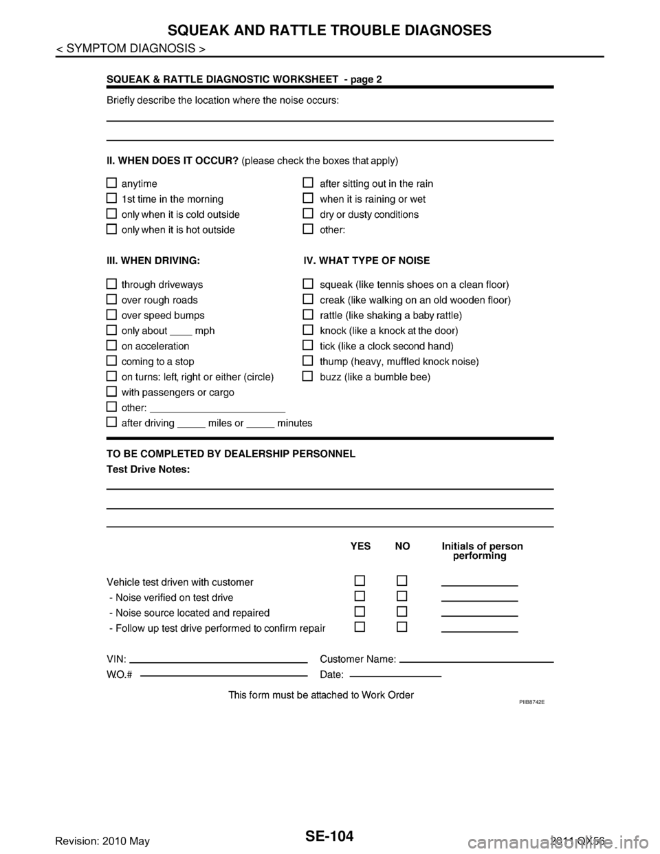INFINITI QX56 2011  Factory Service Manual 
SE-104
< SYMPTOM DIAGNOSIS >
SQUEAK AND RATTLE TROUBLE DIAGNOSES
PIIB8742E
Revision: 2010 May2011 QX56  