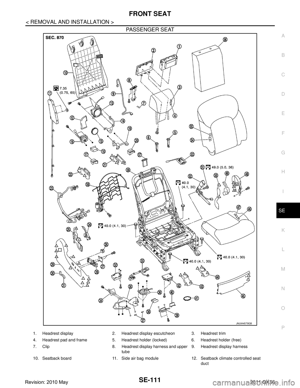 INFINITI QX56 2011  Factory Service Manual 
FRONT SEATSE-111
< REMOVAL AND INSTALLATION >
C
DE
F
G H
I
K L
M A
B
SE
N
O P
PASSENGER SEAT
JMJIA4579GB
1. Headrest display 2. Headrest display escutcheon 3. Headrest trim
4. Headrest pad and frame 
