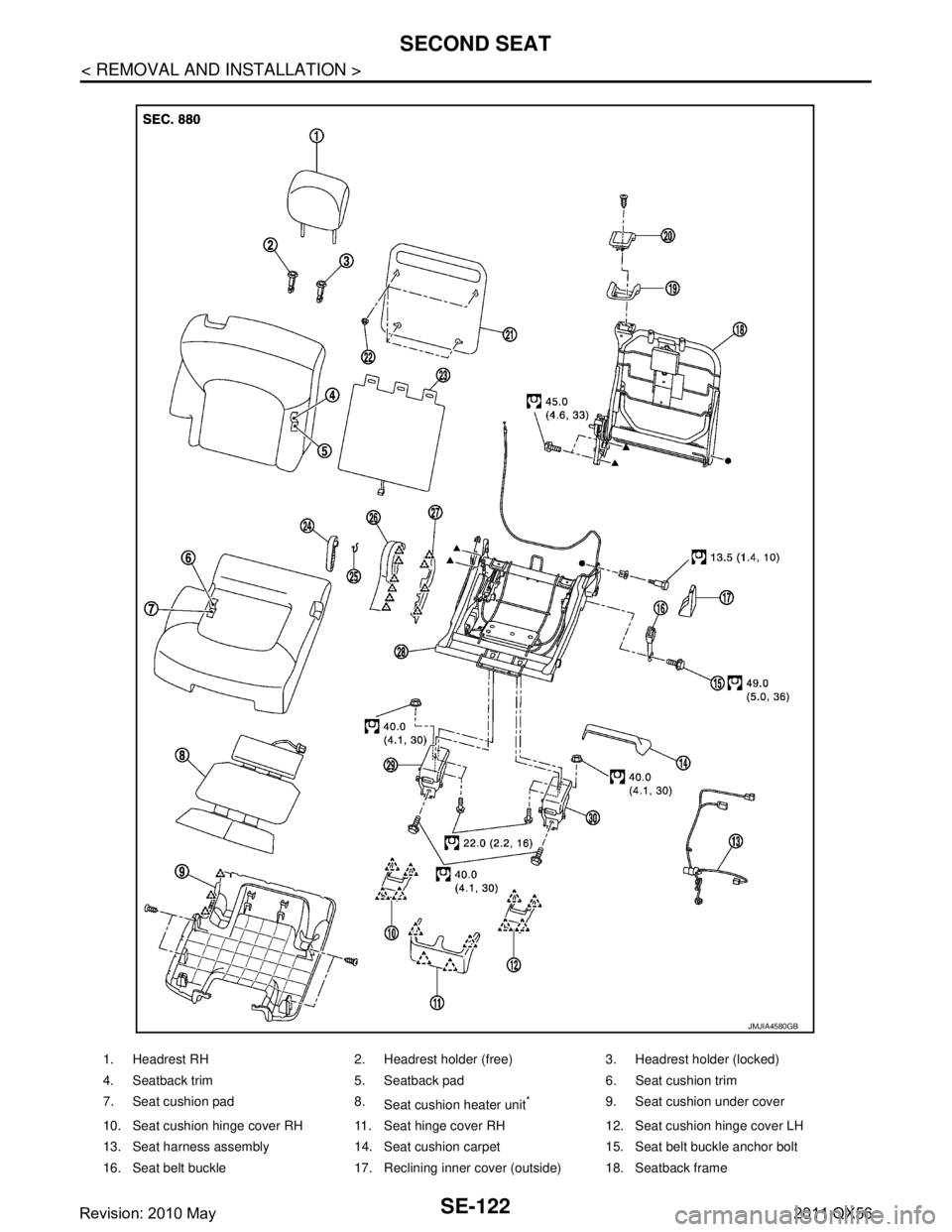 INFINITI QX56 2011  Factory Service Manual 
SE-122
< REMOVAL AND INSTALLATION >
SECOND SEAT
1. Headrest RH 2. Headrest holder (free) 3. Headrest holder (locked)
4. Seatback trim 5. Seatback pad 6. Seat cushion trim
7. Seat cushion pad 8.Seat c