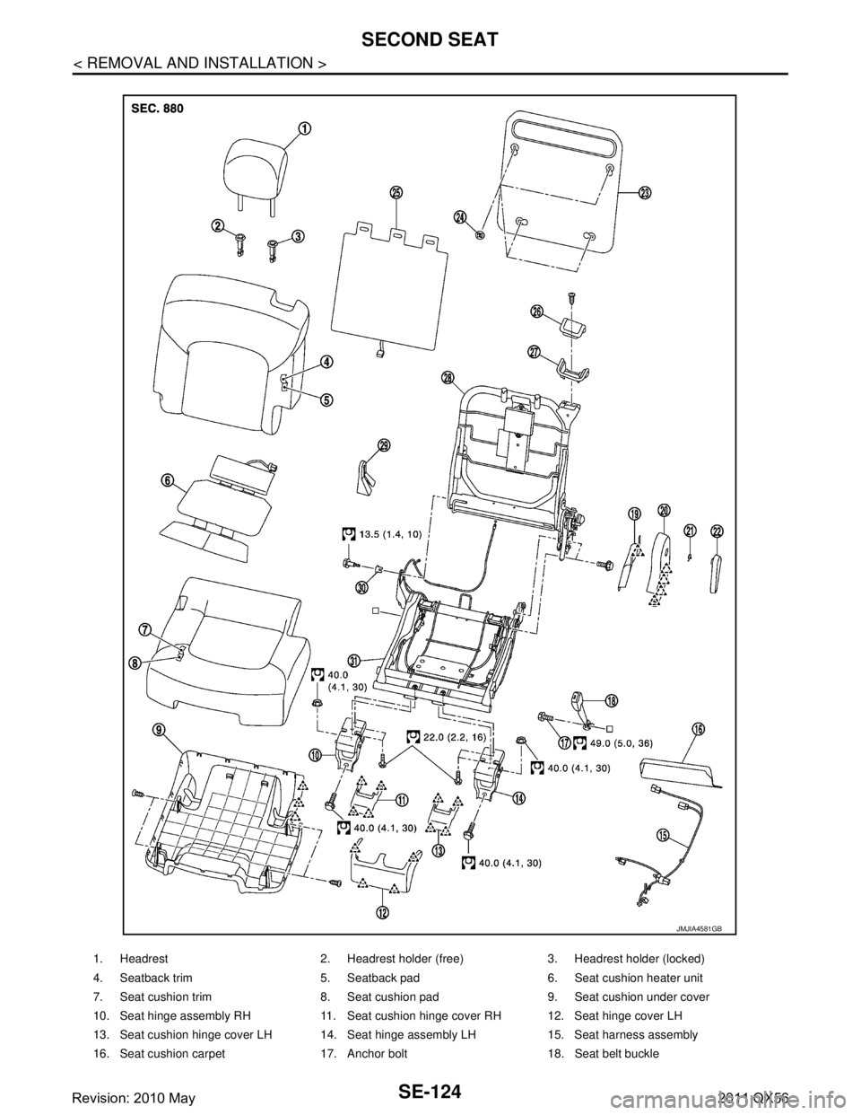 INFINITI QX56 2011  Factory Service Manual 
SE-124
< REMOVAL AND INSTALLATION >
SECOND SEAT
1. Headrest 2. Headrest holder (free) 3. Headrest holder (locked)
4. Seatback trim 5. Seatback pad 6. Seat cushion heater unit
7. Seat cushion trim 8. 