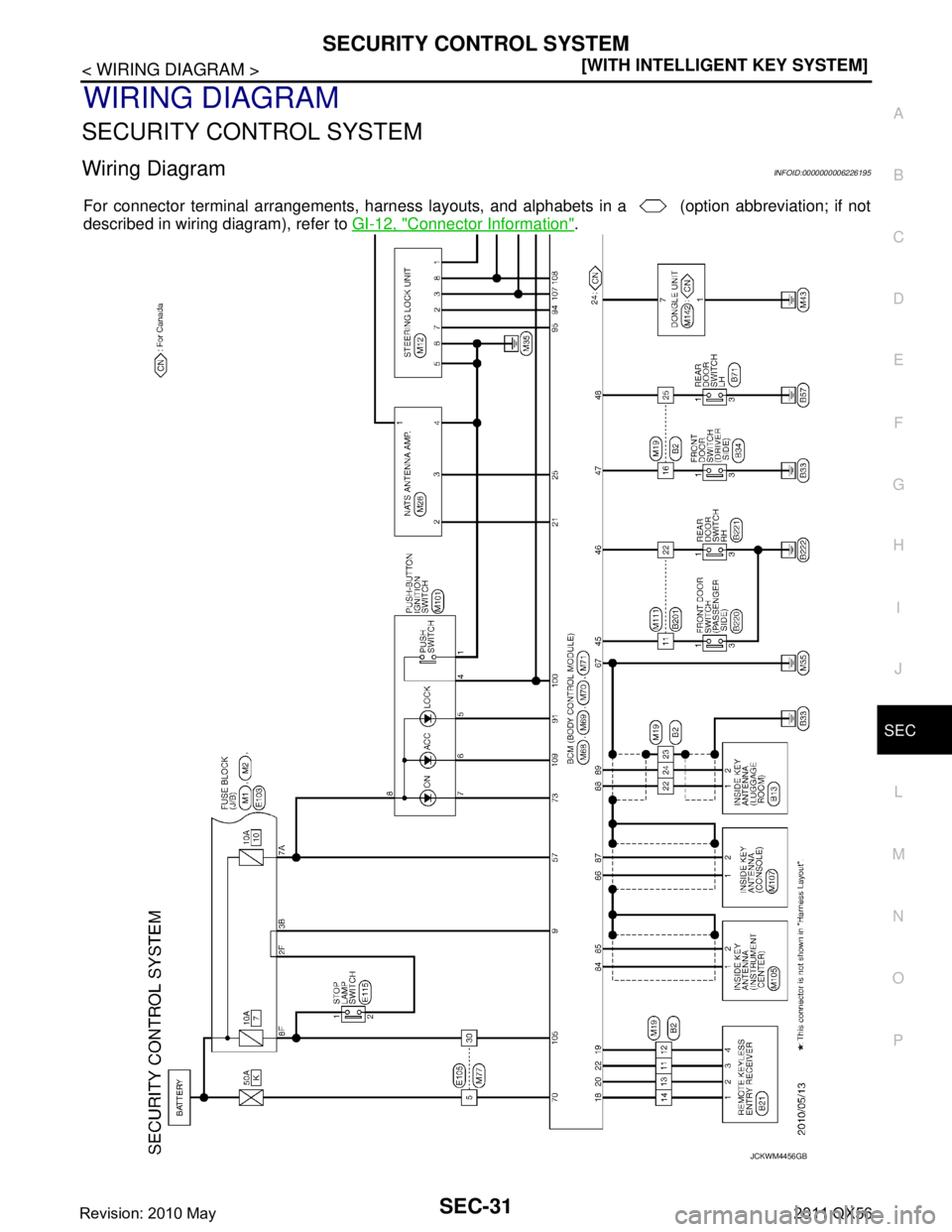 INFINITI QX56 2011  Factory Service Manual 
SECURITY CONTROL SYSTEMSEC-31
< WIRING DIAGRAM > [WITH INTELLIGENT KEY SYSTEM]
C
D
E
F
G H
I
J
L
M A
B
SEC
N
O P
WIRING DIAGRAM
SECURITY CONTROL SYSTEM
Wiring DiagramINFOID:0000000006226195
For conne