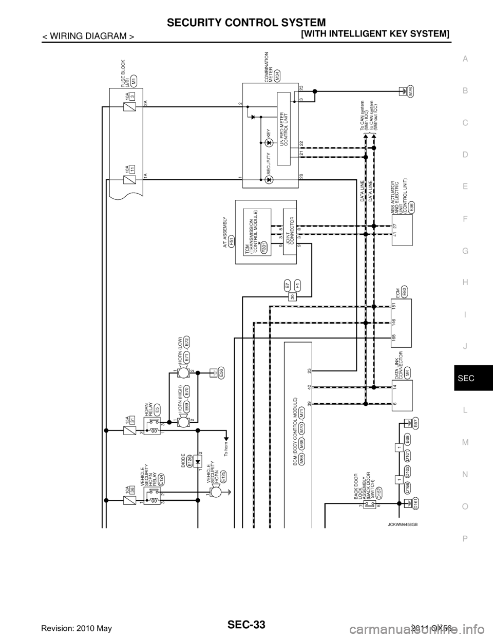 INFINITI QX56 2011  Factory Service Manual 
SECURITY CONTROL SYSTEMSEC-33
< WIRING DIAGRAM > [WITH INTELLIGENT KEY SYSTEM]
C
D
E
F
G H
I
J
L
M A
B
SEC
N
O P
JCKWM4458GB
Revision: 2010 May2011 QX56  