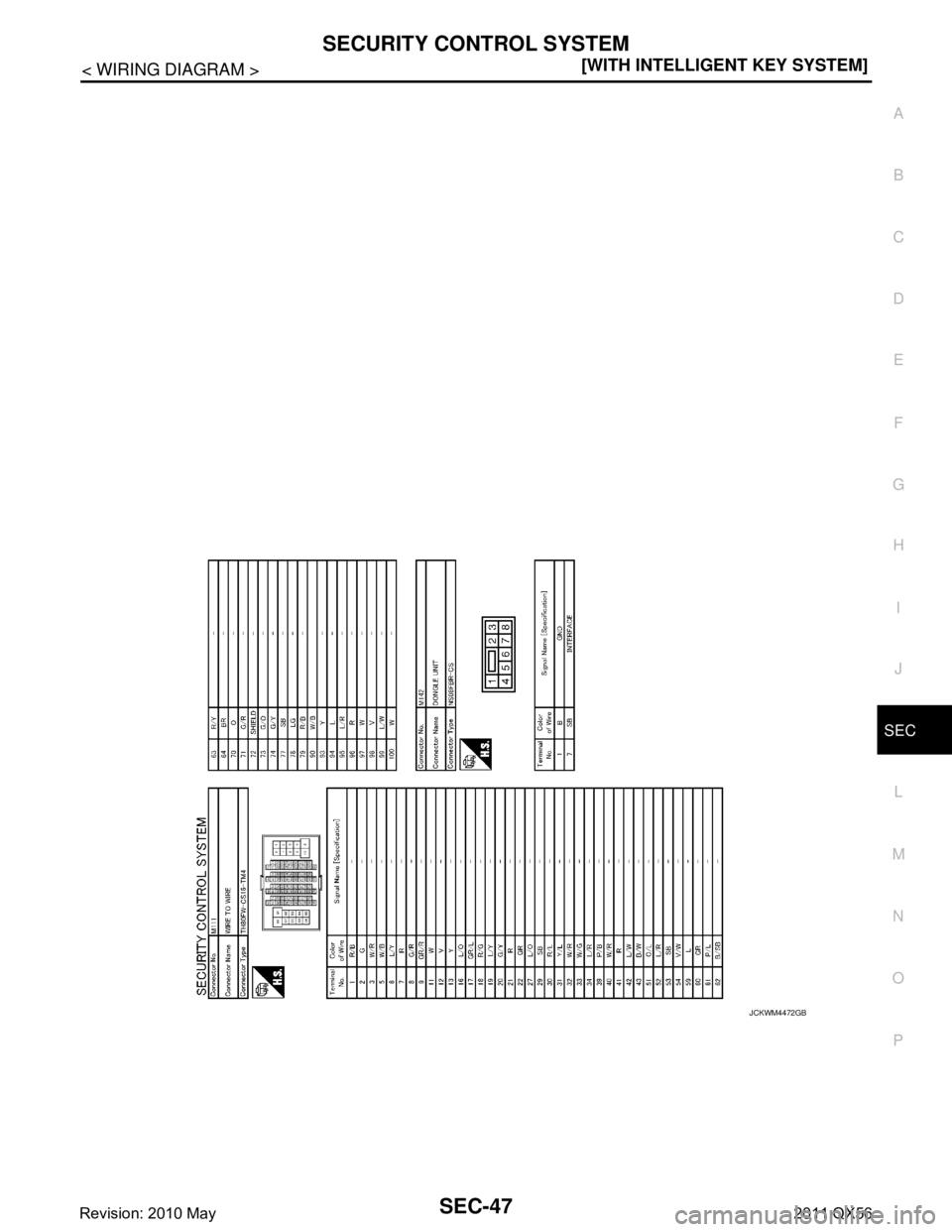 INFINITI QX56 2011  Factory Service Manual 
SECURITY CONTROL SYSTEMSEC-47
< WIRING DIAGRAM > [WITH INTELLIGENT KEY SYSTEM]
C
D
E
F
G H
I
J
L
M A
B
SEC
N
O P
JCKWM4472GB
Revision: 2010 May2011 QX56  