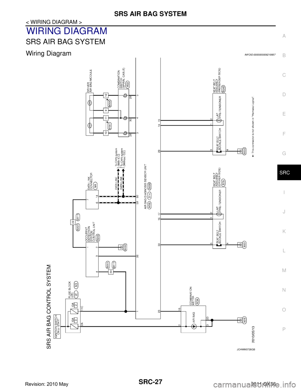 INFINITI QX56 2011  Factory Service Manual 
SRS AIR BAG SYSTEMSRC-27
< WIRING DIAGRAM >
C
DE
F
G
I
J
K L
M A
B
SRC
N
O P
WIRING DIAGRAM
SRS AIR BAG SYSTEM
Wiring DiagramINFOID:0000000006219957
JCHWM0726GB
Revision: 2010 May2011 QX56  