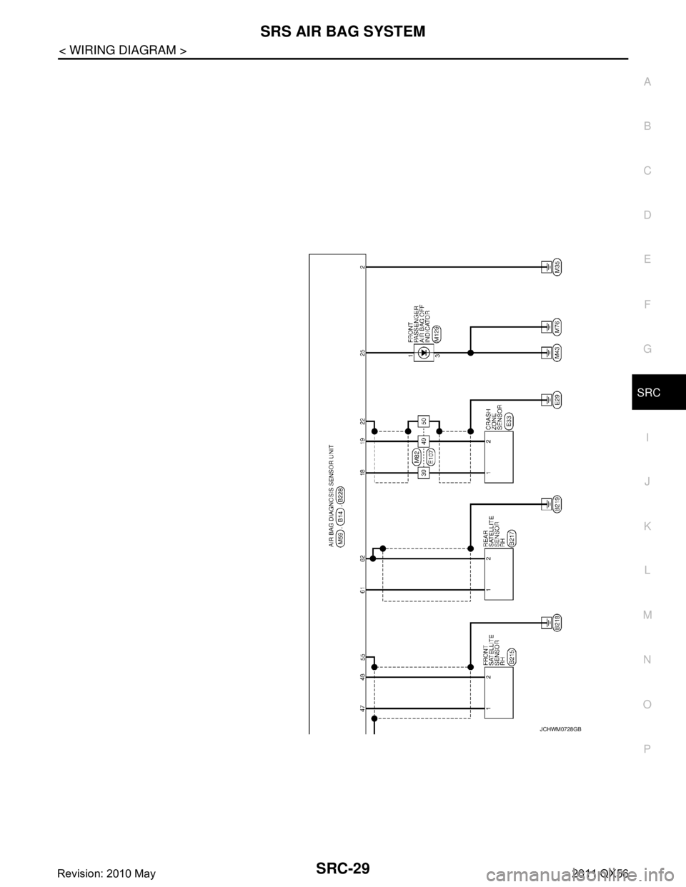 INFINITI QX56 2011  Factory Service Manual 
SRS AIR BAG SYSTEMSRC-29
< WIRING DIAGRAM >
C
DE
F
G
I
J
K L
M A
B
SRC
N
O P
JCHWM0728GB
Revision: 2010 May2011 QX56  