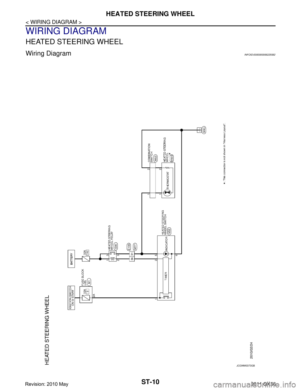 INFINITI QX56 2011  Factory Service Manual 
ST-10
< WIRING DIAGRAM >
HEATED STEERING WHEEL
WIRING DIAGRAM
HEATED STEERING WHEEL
Wiring DiagramINFOID:0000000006225582
JCGWM0373GB
Revision: 2010 May2011 QX56  