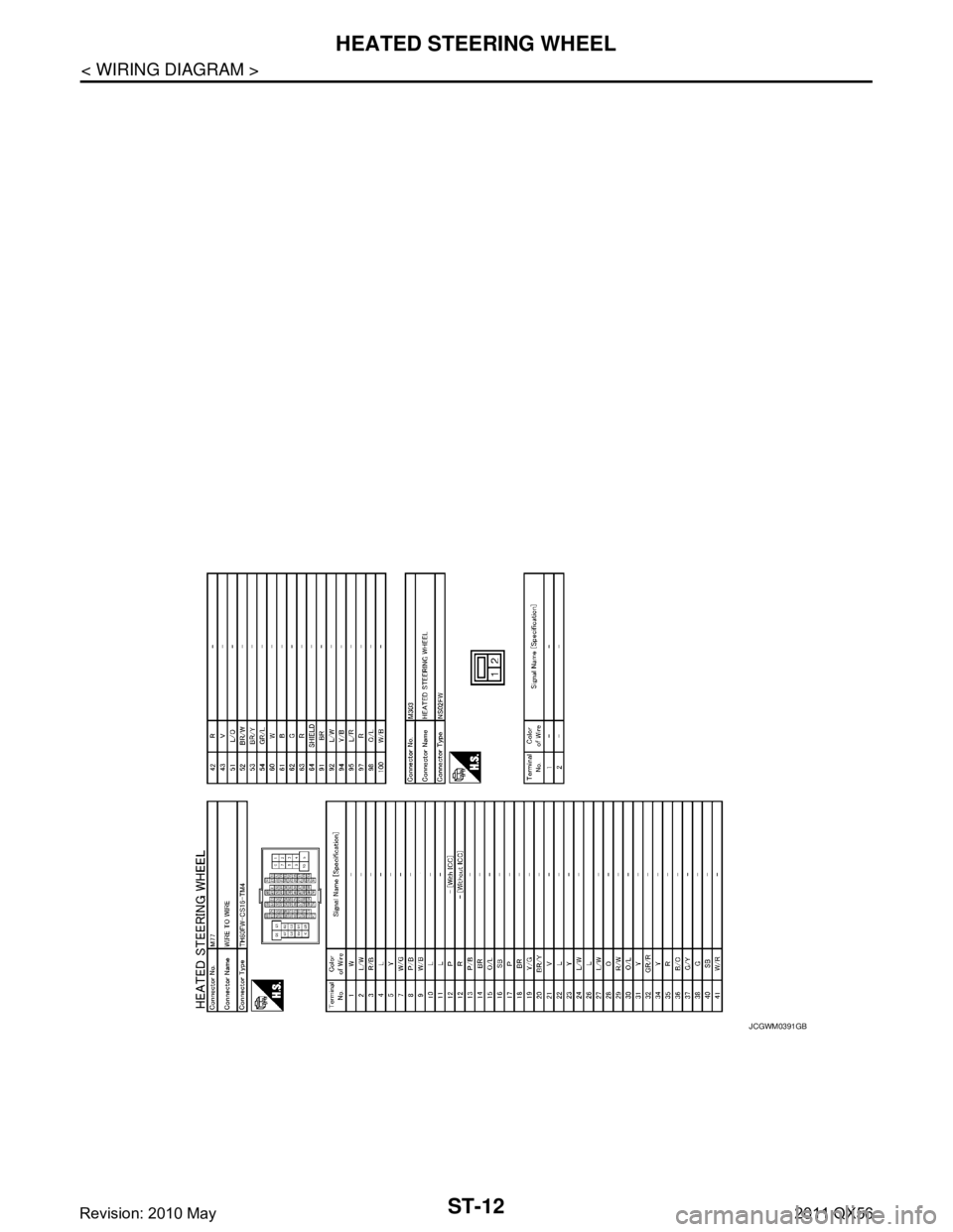 INFINITI QX56 2011  Factory Service Manual 
ST-12
< WIRING DIAGRAM >
HEATED STEERING WHEEL
JCGWM0391GB
Revision: 2010 May2011 QX56  