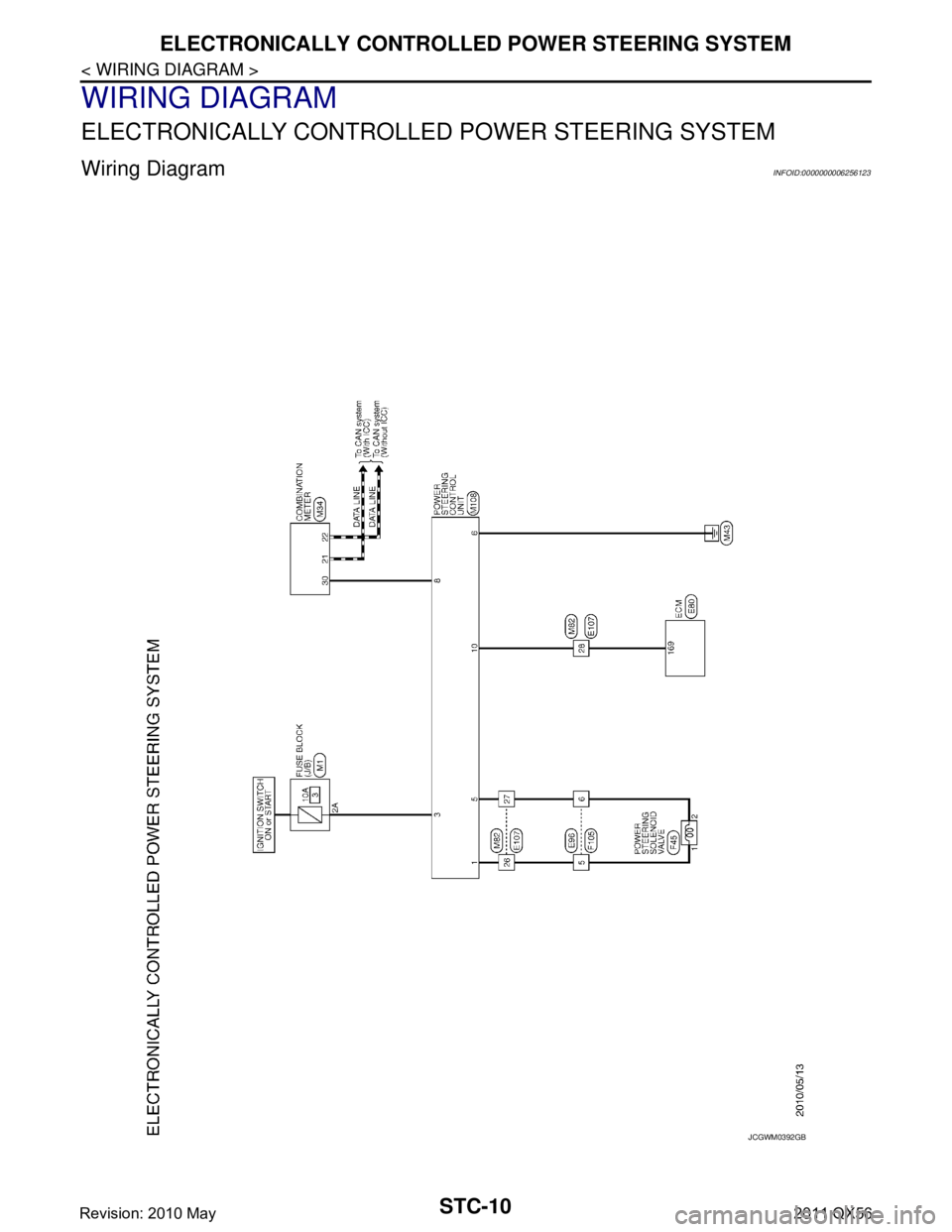 INFINITI QX56 2011  Factory Service Manual 
STC-10
< WIRING DIAGRAM >
ELECTRONICALLY CONTROLLED POWER STEERING SYSTEM
WIRING DIAGRAM
ELECTRONICALLY CONTROLLED POWER STEERING SYSTEM 
Wiring Diagram INFOID:0000000006256123
JCGWM0392GB
Revision: 