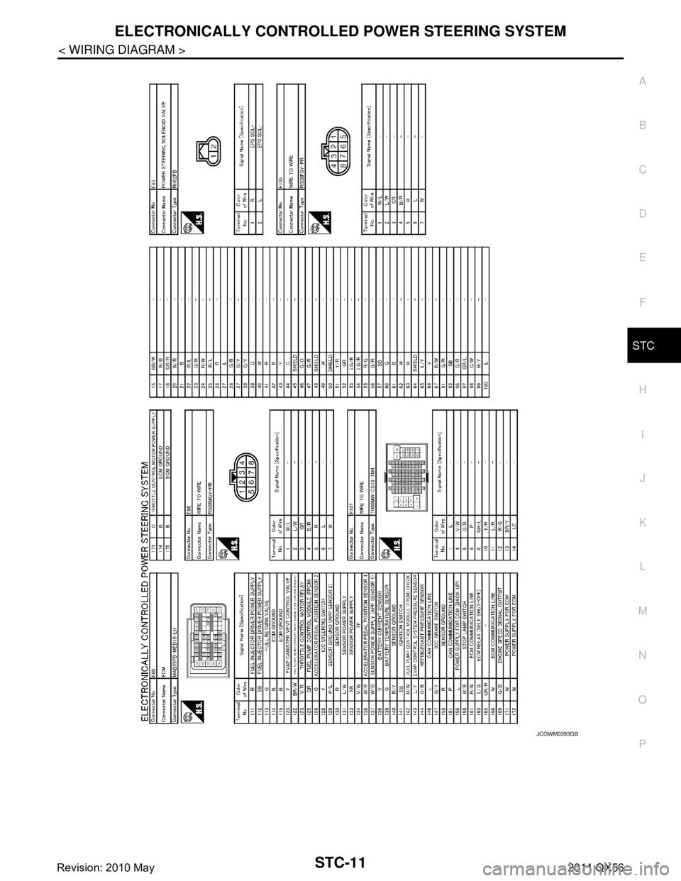 INFINITI QX56 2011  Factory Service Manual 
ELECTRONICALLY CONTROLLED POWER STEERING SYSTEMSTC-11
< WIRING DIAGRAM >
C
DE
F
H I
J
K L
M A
B
STC
N
O P
JCGWM0393GB
Revision: 2010 May2011 QX56  