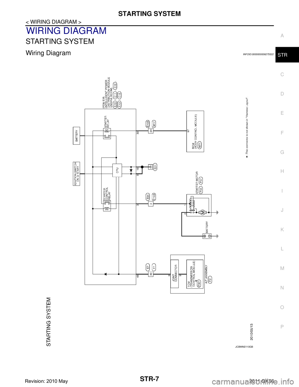 INFINITI QX56 2011  Factory Service Manual 
STARTING SYSTEMSTR-7
< WIRING DIAGRAM >
C
DE
F
G H
I
J
K L
M A
STR
NP
O
WIRING DIAGRAM
STARTING SYSTEM
Wiring DiagramINFOID:0000000006275522
JCBWM2110GB
Revision: 2010 May2011 QX56  