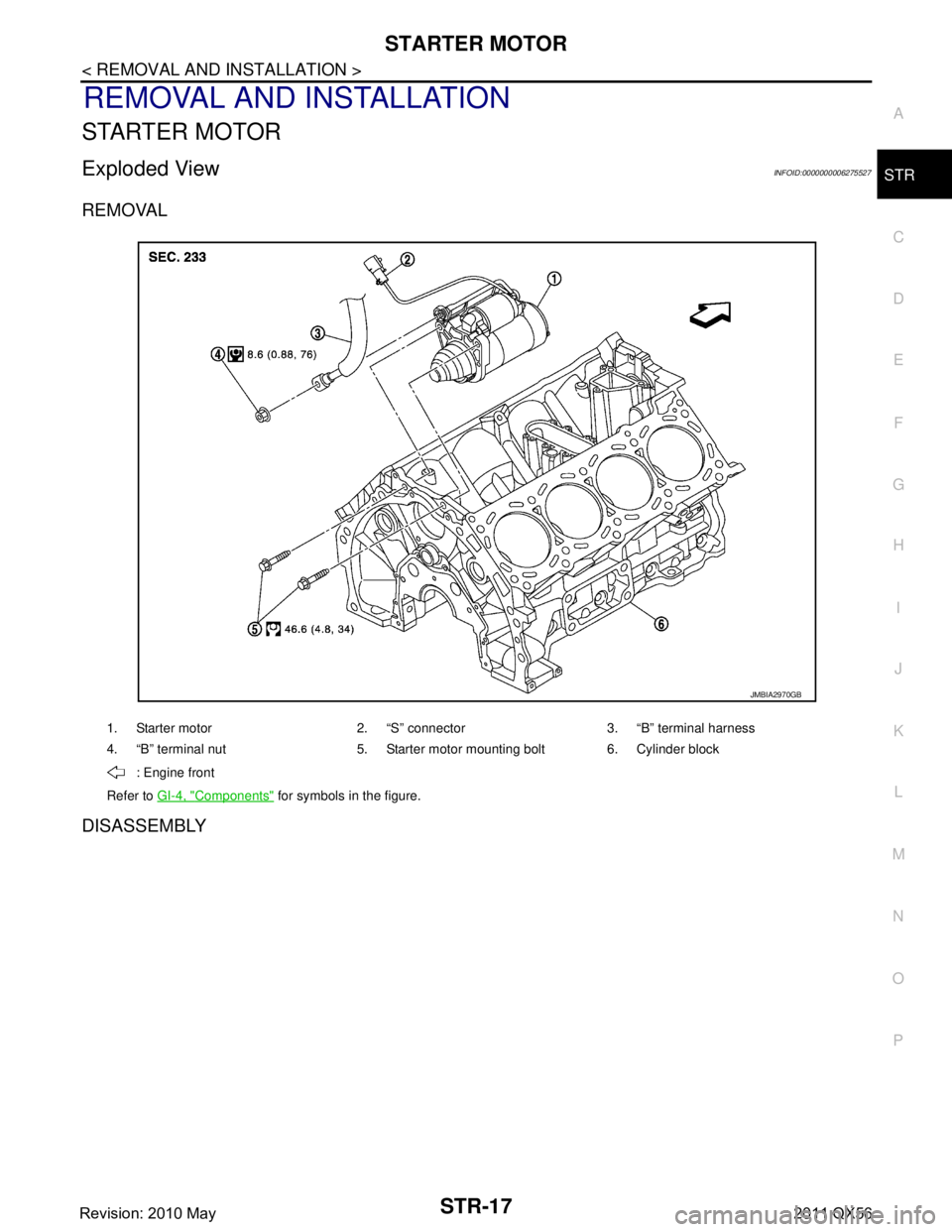INFINITI QX56 2011  Factory Service Manual 
STARTER MOTORSTR-17
< REMOVAL AND INSTALLATION >
C
DE
F
G H
I
J
K L
M A
STR
NP
O
REMOVAL AND INSTALLATION
STARTER MOTOR
Exploded ViewINFOID:0000000006275527
REMOVAL
DISASSEMBLY
1. Starter motor 2. 